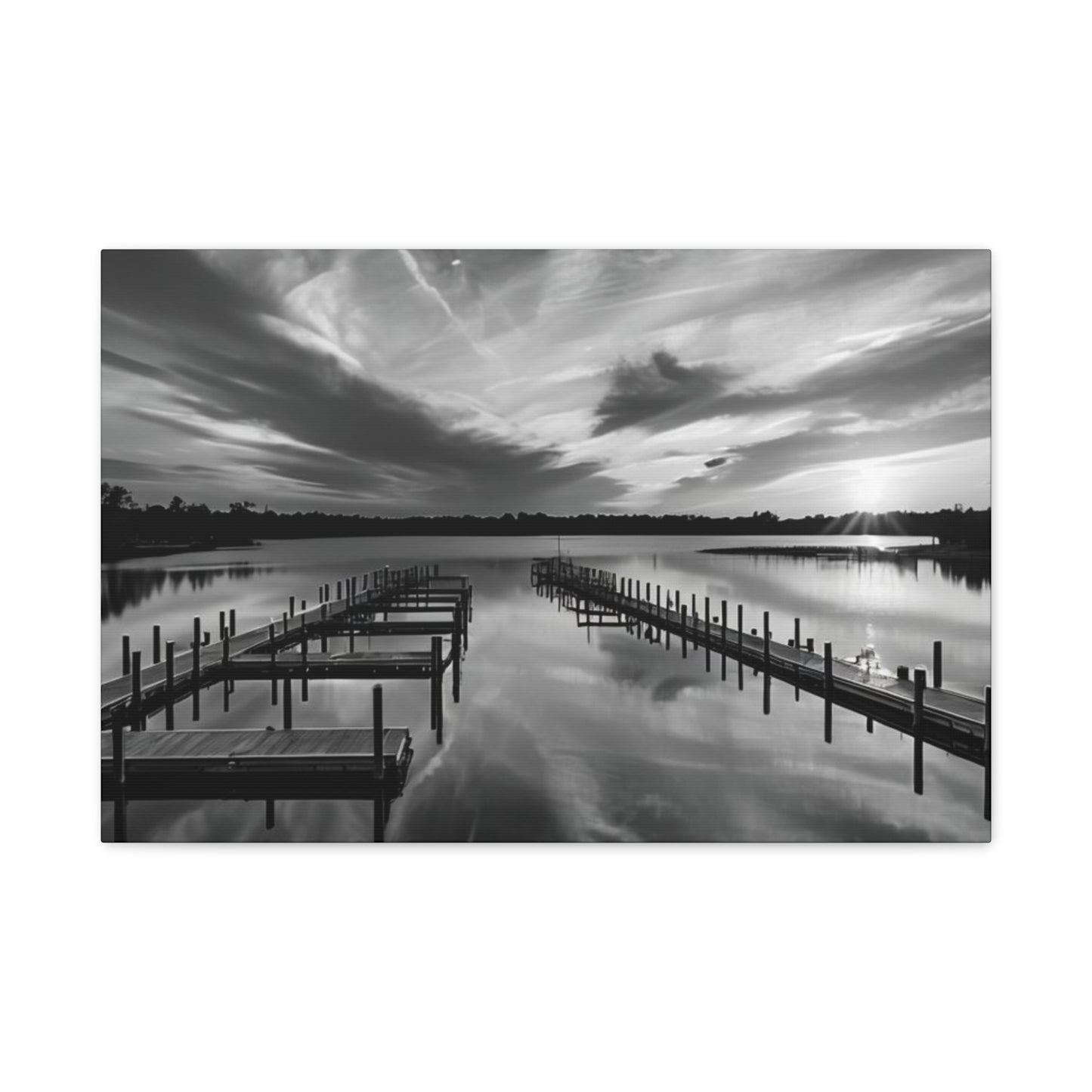 Serene Black and White Landscape Canvas Wall Art. Experience the calming vibe of overlooking the water at the end of the day.