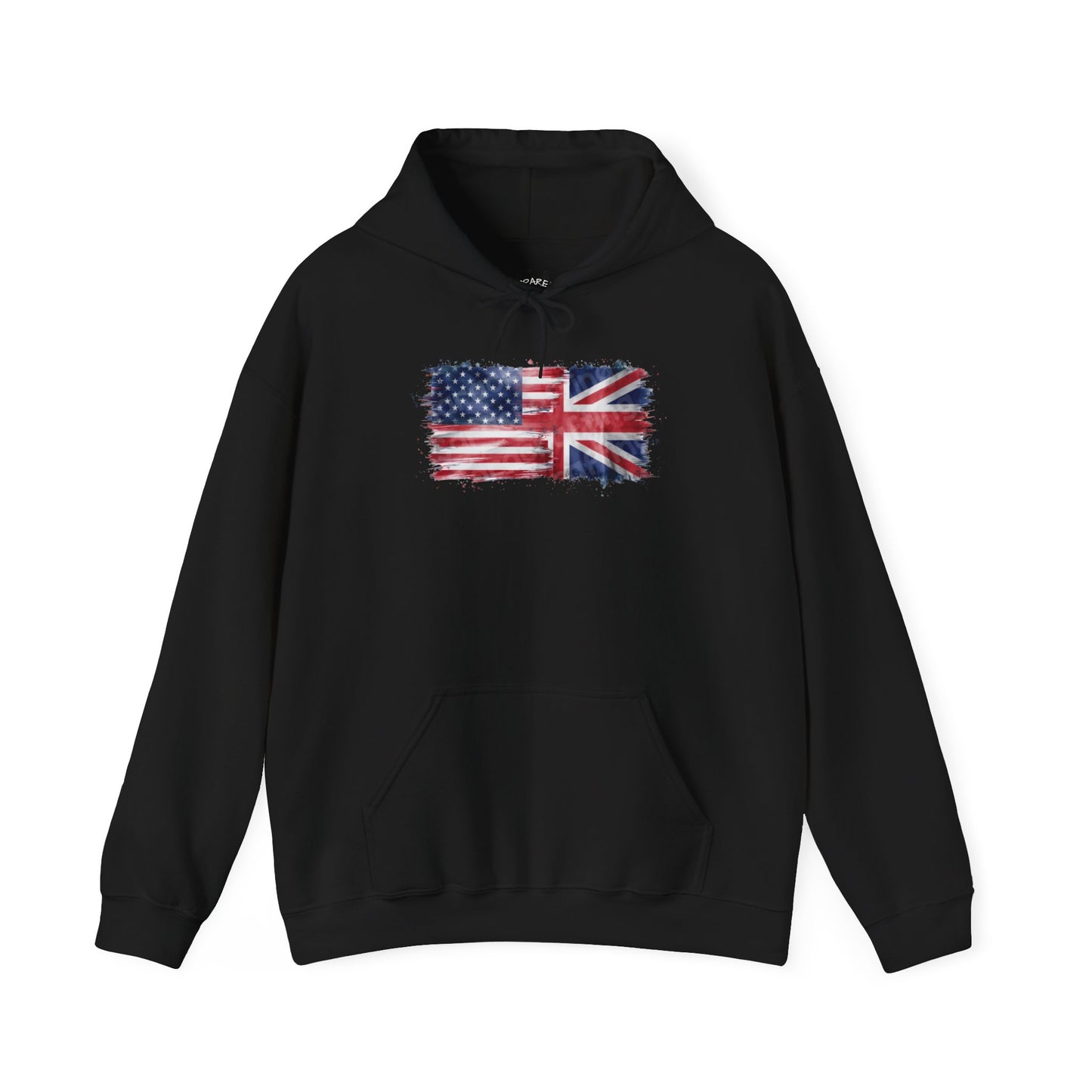 Patriotic Hooded Sweatshirt | Unisex Heavy Blend™ | USA & UK Flag Design | Cozy Gift for Holidays, Reunions, or Casual Wear