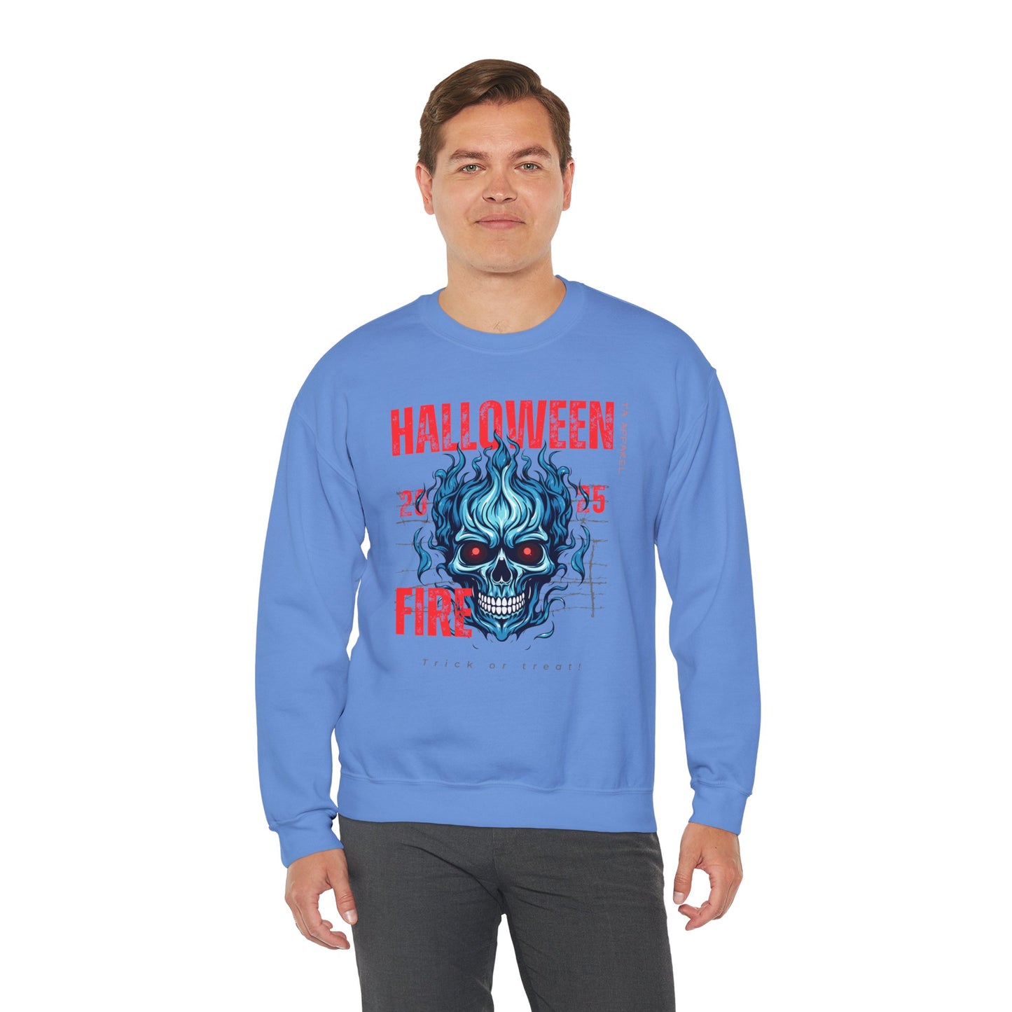 Halloween Fire Skull Sweatshirt, Unisex Crewneck for Fall, Spooky Season Apparel, Gift for Halloween Lovers, Cozy Awareness Top