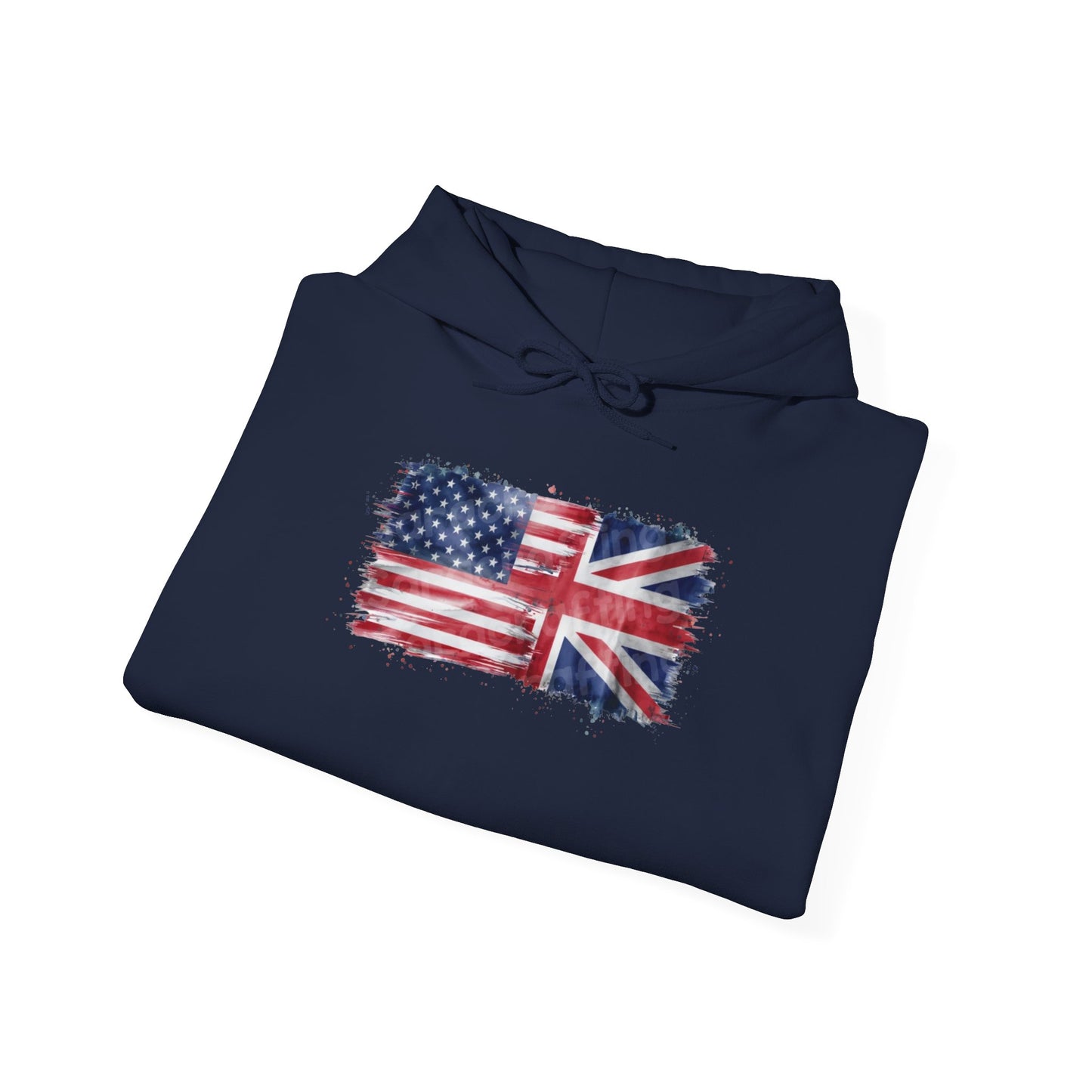 Patriotic Hooded Sweatshirt | Unisex Heavy Blend™ | USA & UK Flag Design | Cozy Gift for Holidays, Reunions, or Casual Wear