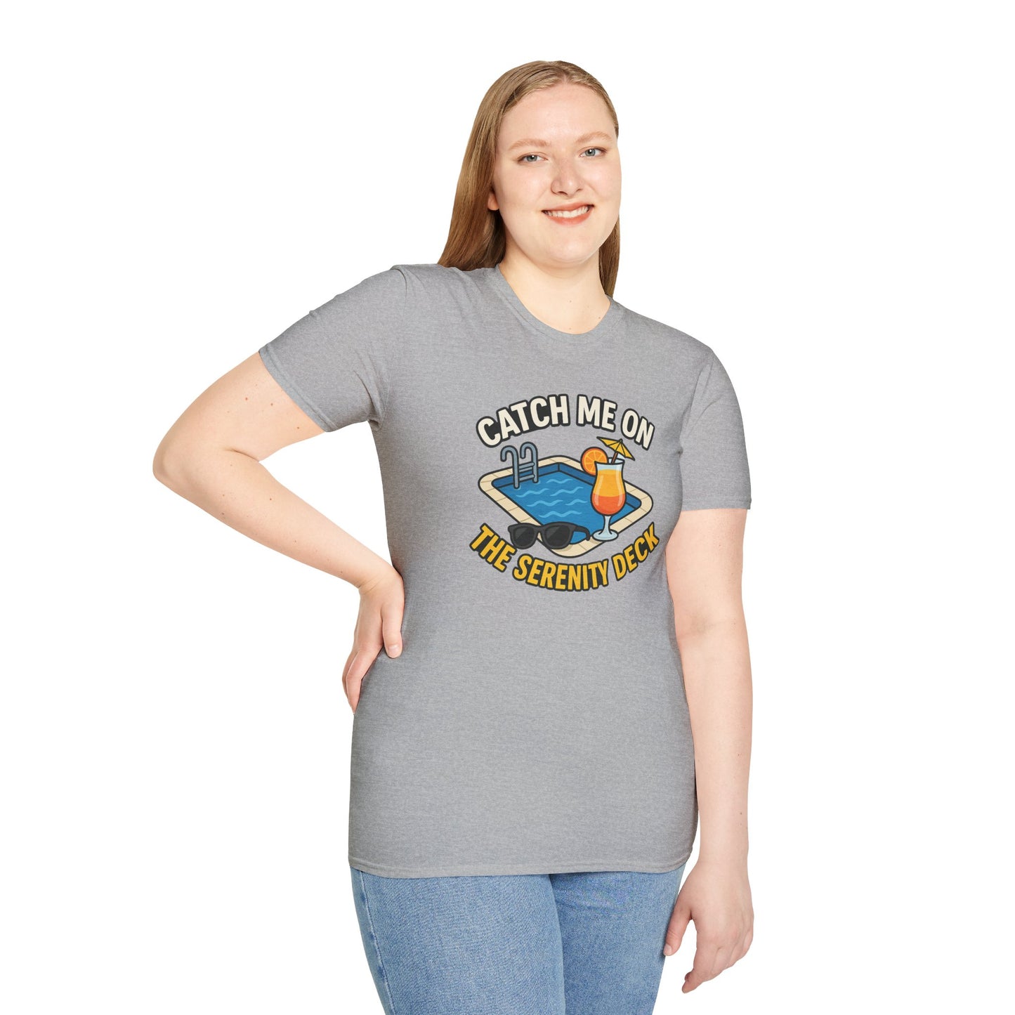 Catch Me on the Serenity Deck Unisex Softstyle T-Shirt, Relaxation Tee, Vacation T-Shirt, Beachwear, Gift for Travel Lovers
