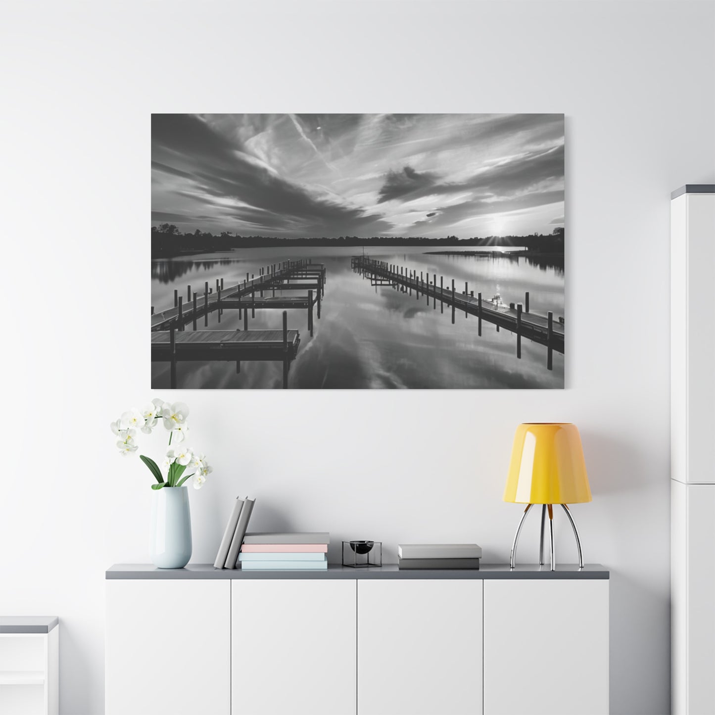 Serene Black and White Landscape Canvas Wall Art. Experience the calming vibe of overlooking the water at the end of the day.