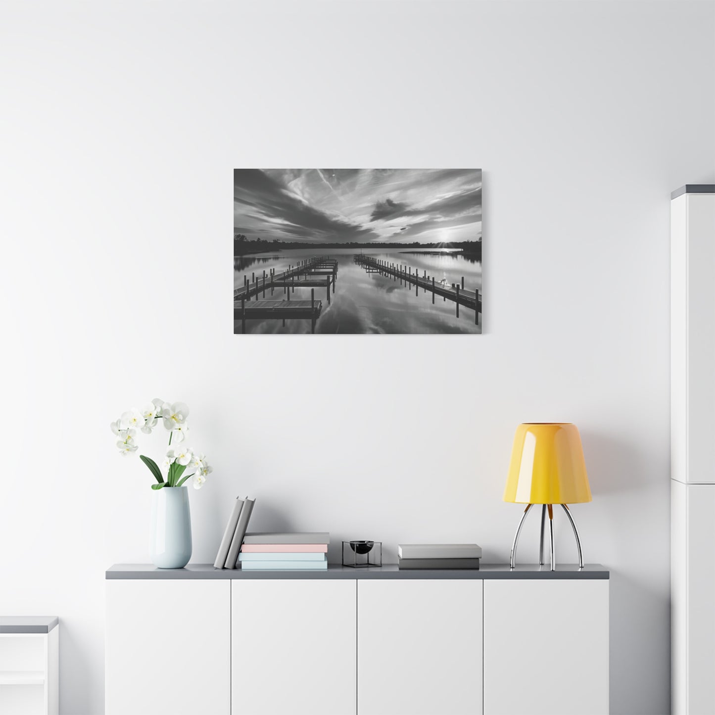 Serene Black and White Landscape Canvas Wall Art. Experience the calming vibe of overlooking the water at the end of the day.