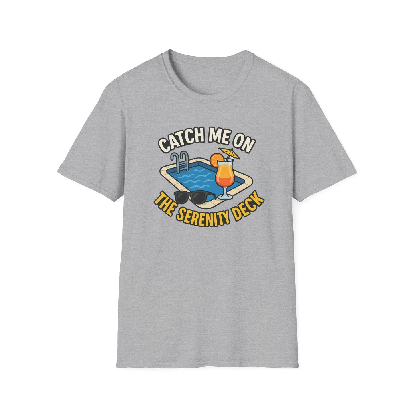 Catch Me on the Serenity Deck Unisex Softstyle T-Shirt, Relaxation Tee, Vacation T-Shirt, Beachwear, Gift for Travel Lovers