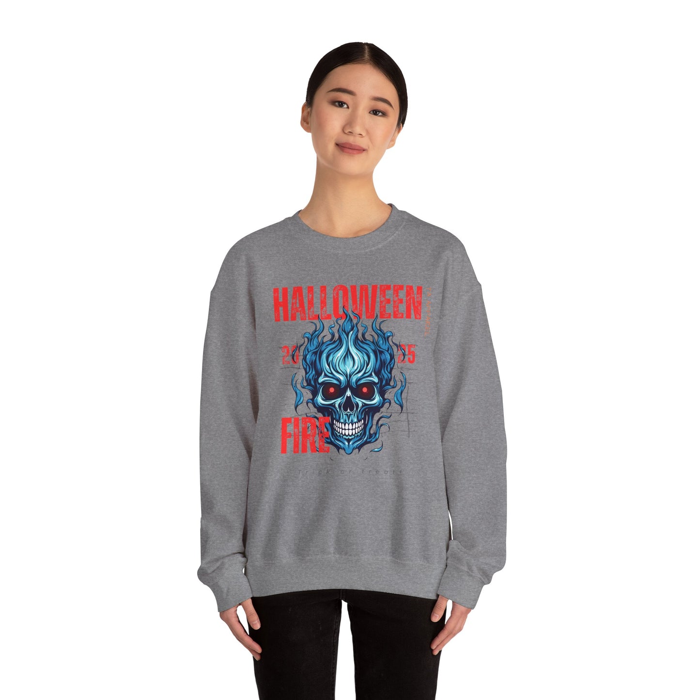 Halloween Fire Skull Sweatshirt, Unisex Crewneck for Fall, Spooky Season Apparel, Gift for Halloween Lovers, Cozy Awareness Top