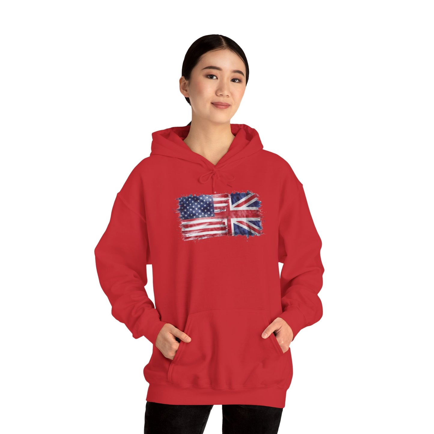 Patriotic Hooded Sweatshirt | Unisex Heavy Blend™ | USA & UK Flag Design | Cozy Gift for Holidays, Reunions, or Casual Wear