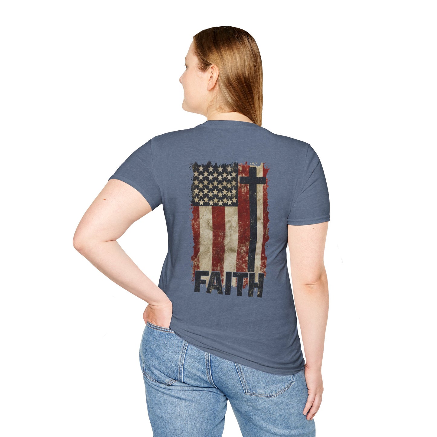 Faith-Inspired Unisex Softstyle T-Shirt, Vintage American Flag Tee, Inspirational Faith Shirt, Christian Apparel, Gifts for Believers