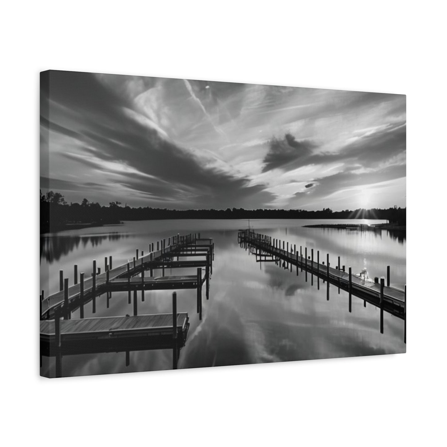 Serene Black and White Landscape Canvas Wall Art. Experience the calming vibe of overlooking the water at the end of the day.
