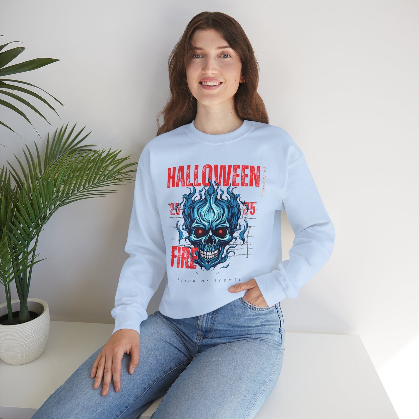 Halloween Fire Skull Sweatshirt, Unisex Crewneck for Fall, Spooky Season Apparel, Gift for Halloween Lovers, Cozy Awareness Top