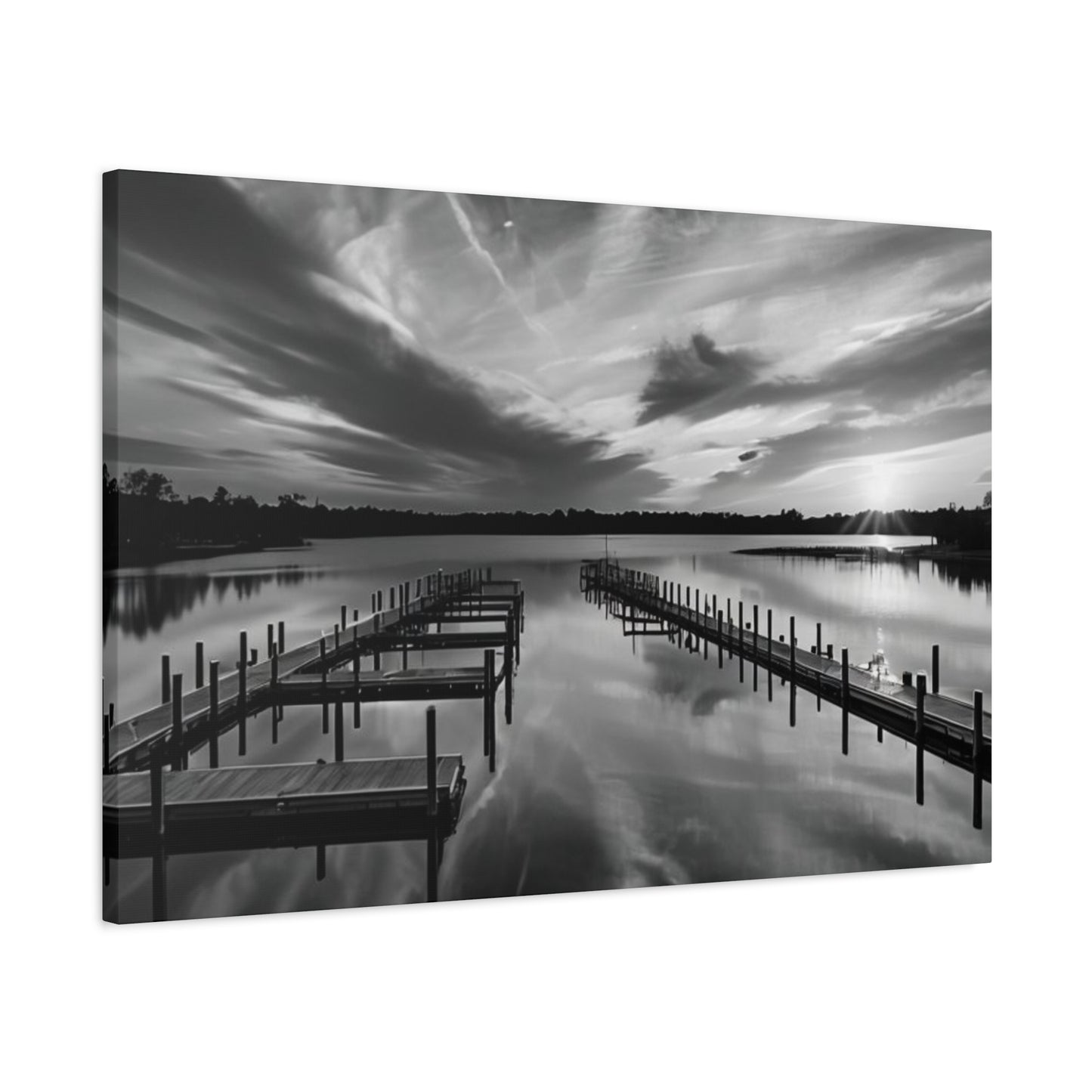 Serene Black and White Landscape Canvas Wall Art. Experience the calming vibe of overlooking the water at the end of the day.