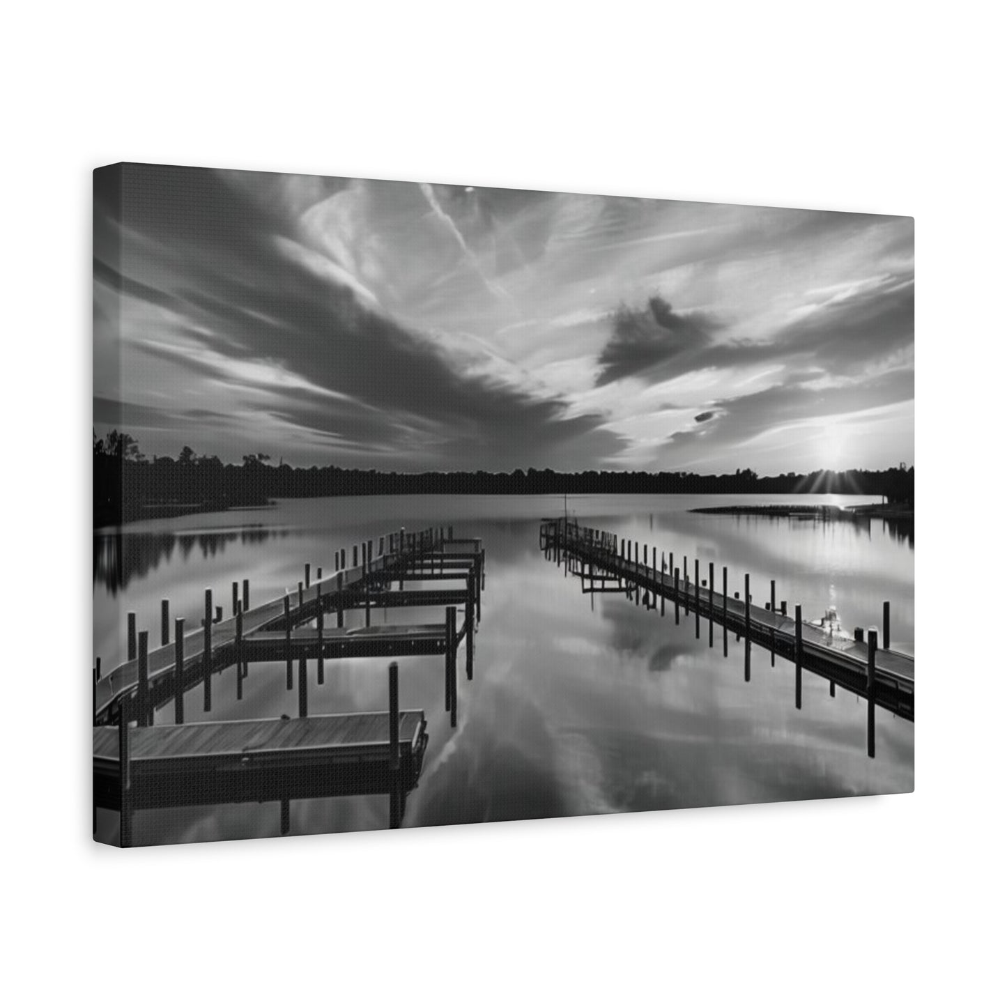 Serene Black and White Landscape Canvas Wall Art. Experience the calming vibe of overlooking the water at the end of the day.