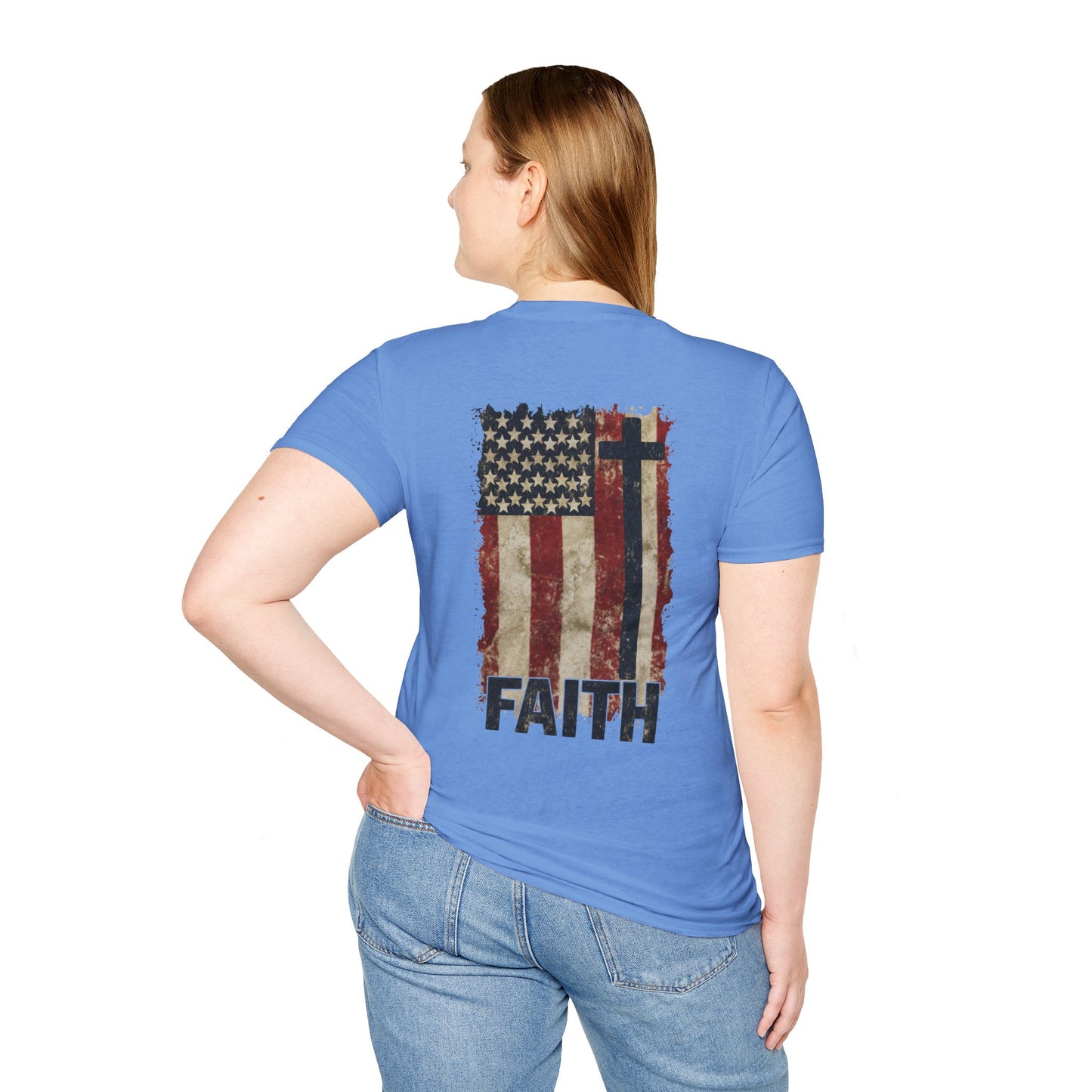Faith-Inspired Unisex Softstyle T-Shirt, Vintage American Flag Tee, Inspirational Faith Shirt, Christian Apparel, Gifts for Believers