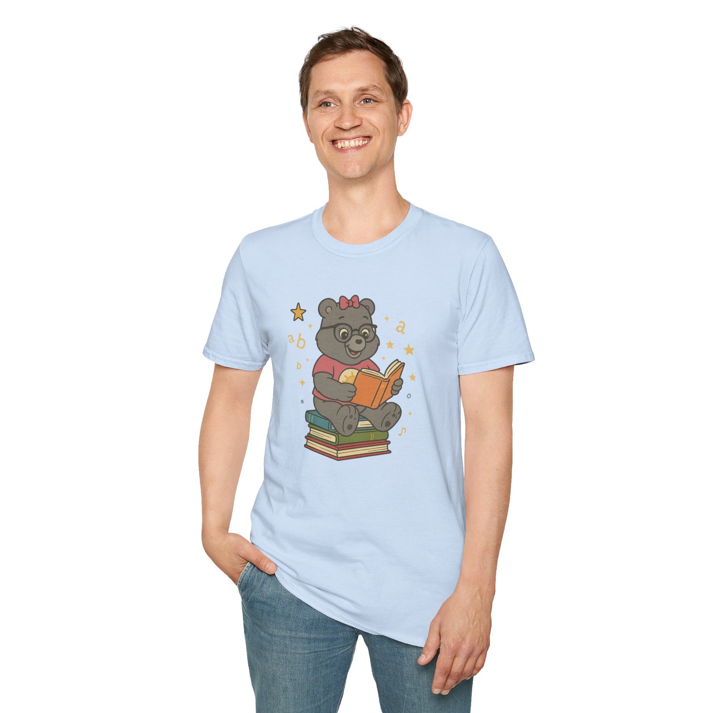 Carebear Jr Book Design Unisex Softstyle T-Shirt, Kids Graphic Tee, Children Reading Shirt, Cute Bear Illustration Top, Retro Style Apparel