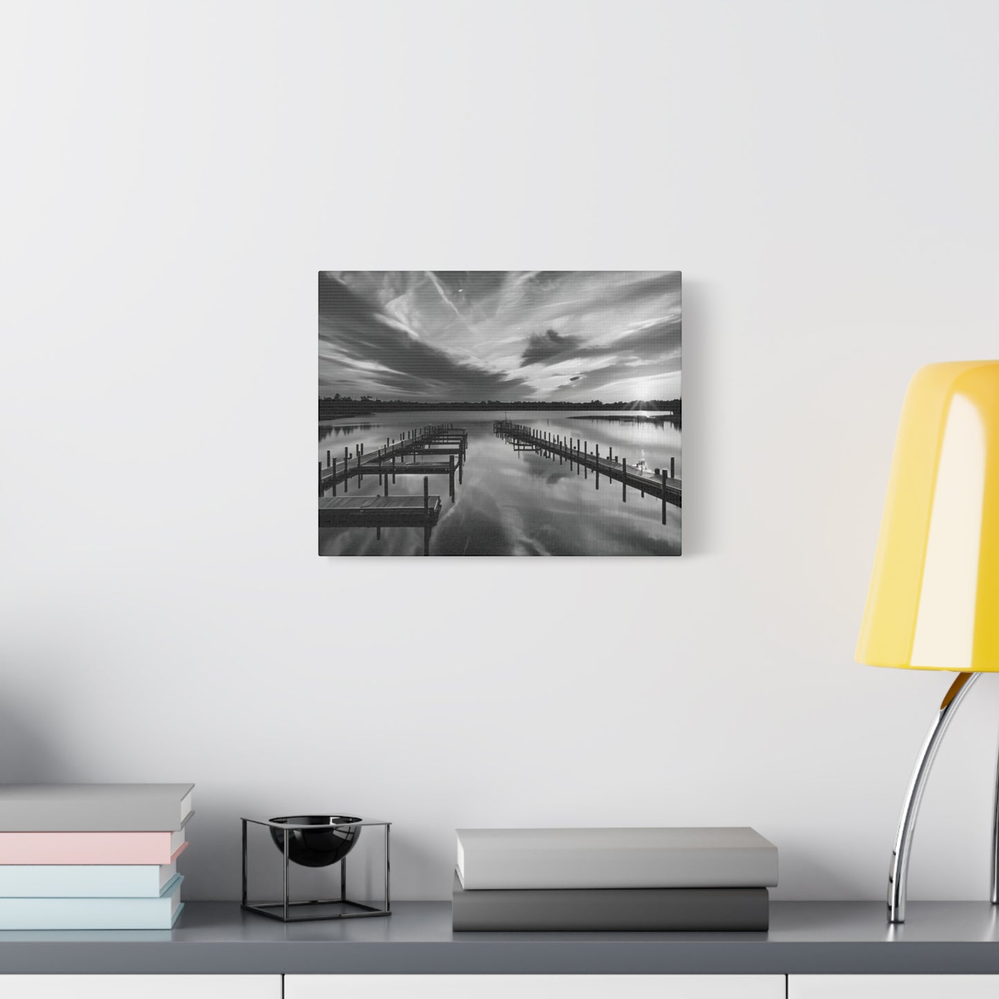 Serene Black and White Landscape Canvas Wall Art. Experience the calming vibe of overlooking the water at the end of the day.