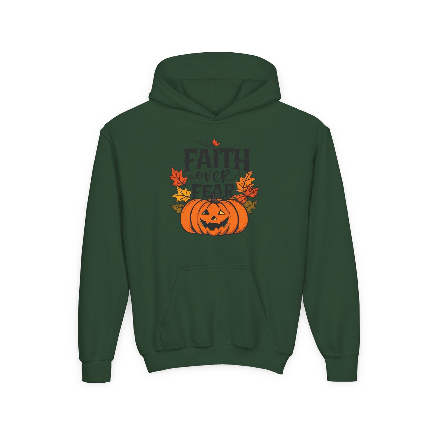 Halloween Faith Over Fear Kids Hoodie - Fall Sweatshirt, Halloween Apparel, Cozy Gift, Pumpkin Design, Inspirational Clothing