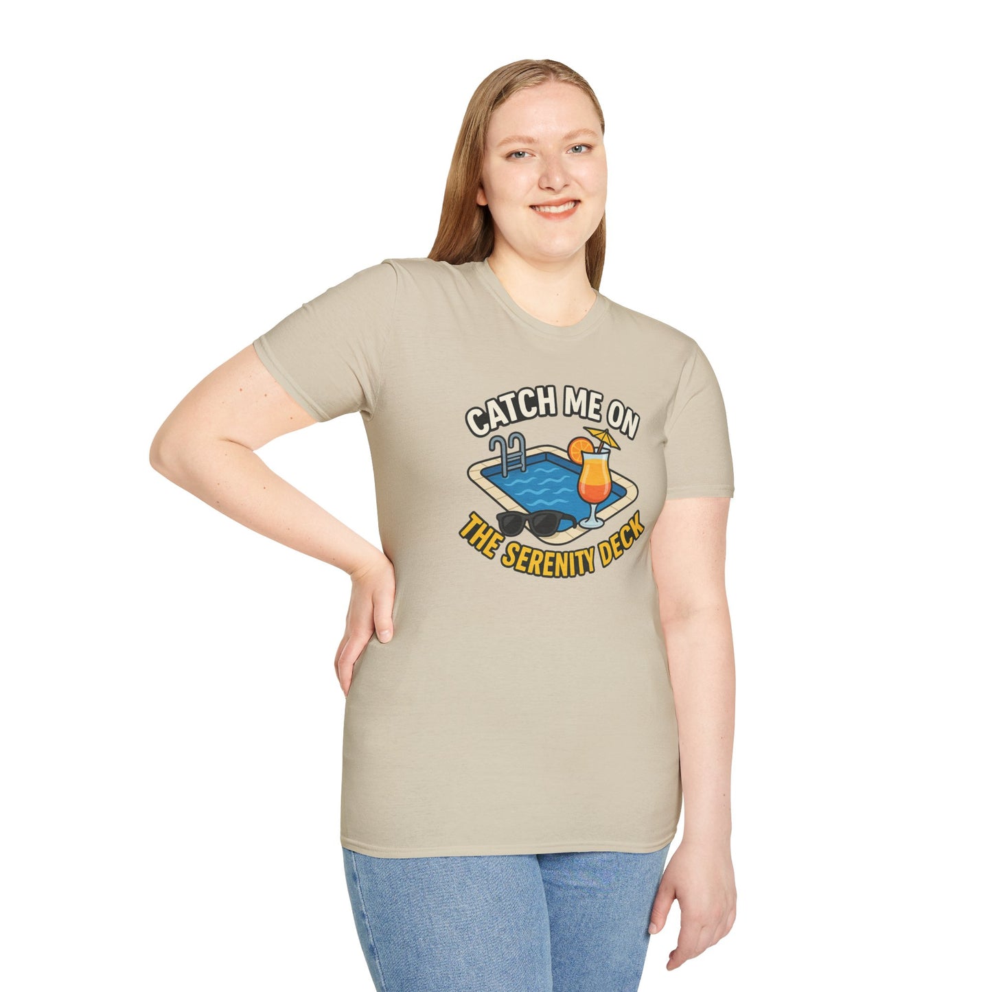 Catch Me on the Serenity Deck Unisex Softstyle T-Shirt, Relaxation Tee, Vacation T-Shirt, Beachwear, Gift for Travel Lovers