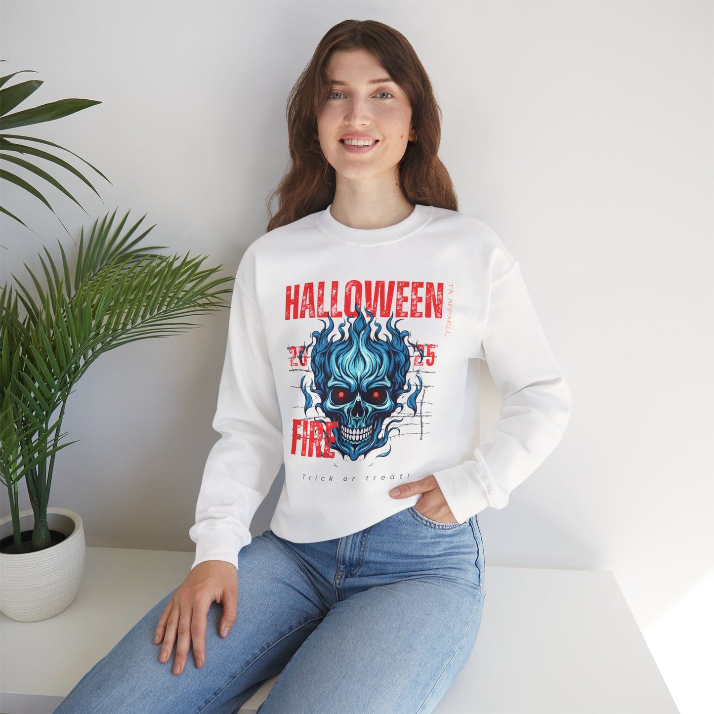 Halloween Fire Skull Sweatshirt, Unisex Crewneck for Fall, Spooky Season Apparel, Gift for Halloween Lovers, Cozy Awareness Top
