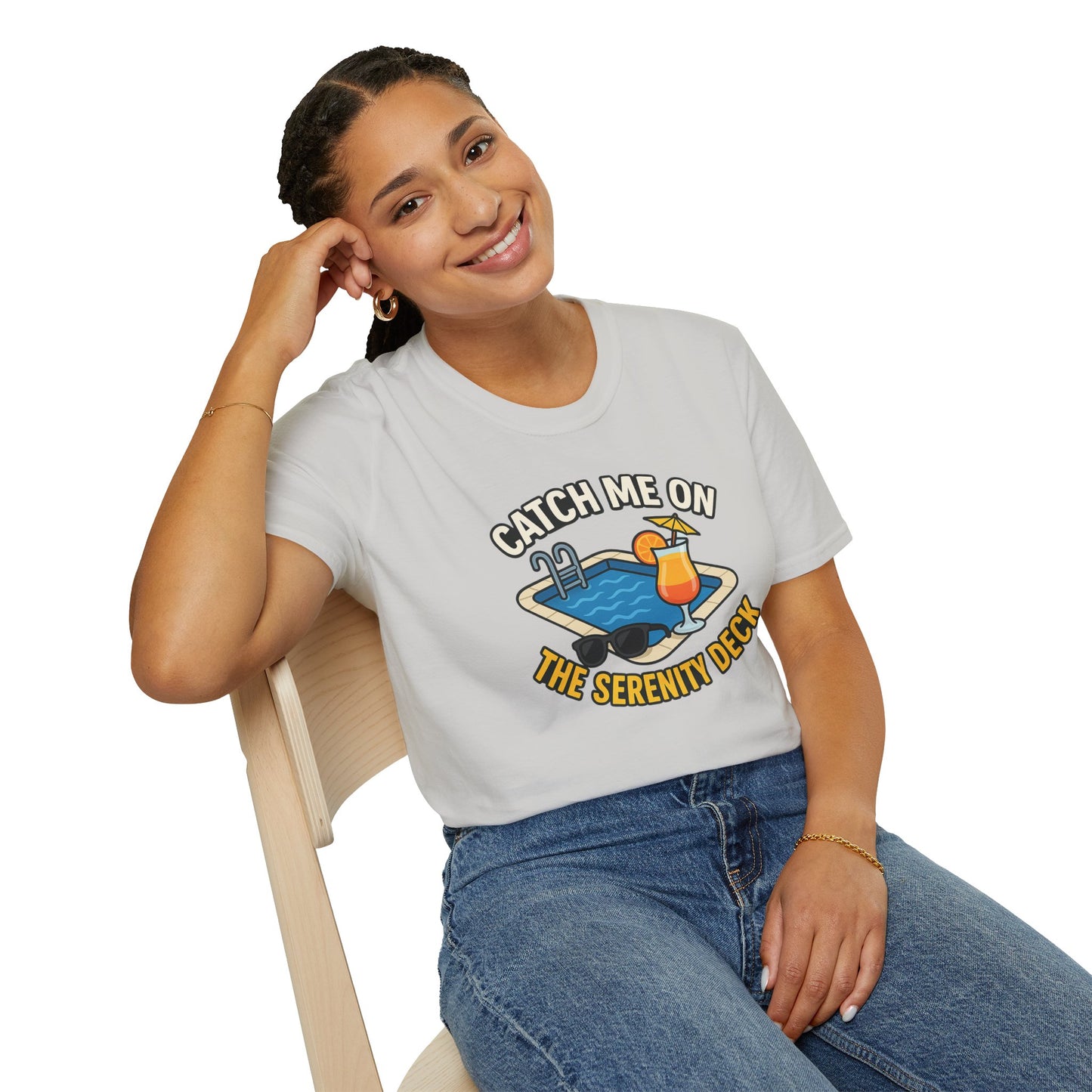 Catch Me on the Serenity Deck Unisex Softstyle T-Shirt, Relaxation Tee, Vacation T-Shirt, Beachwear, Gift for Travel Lovers