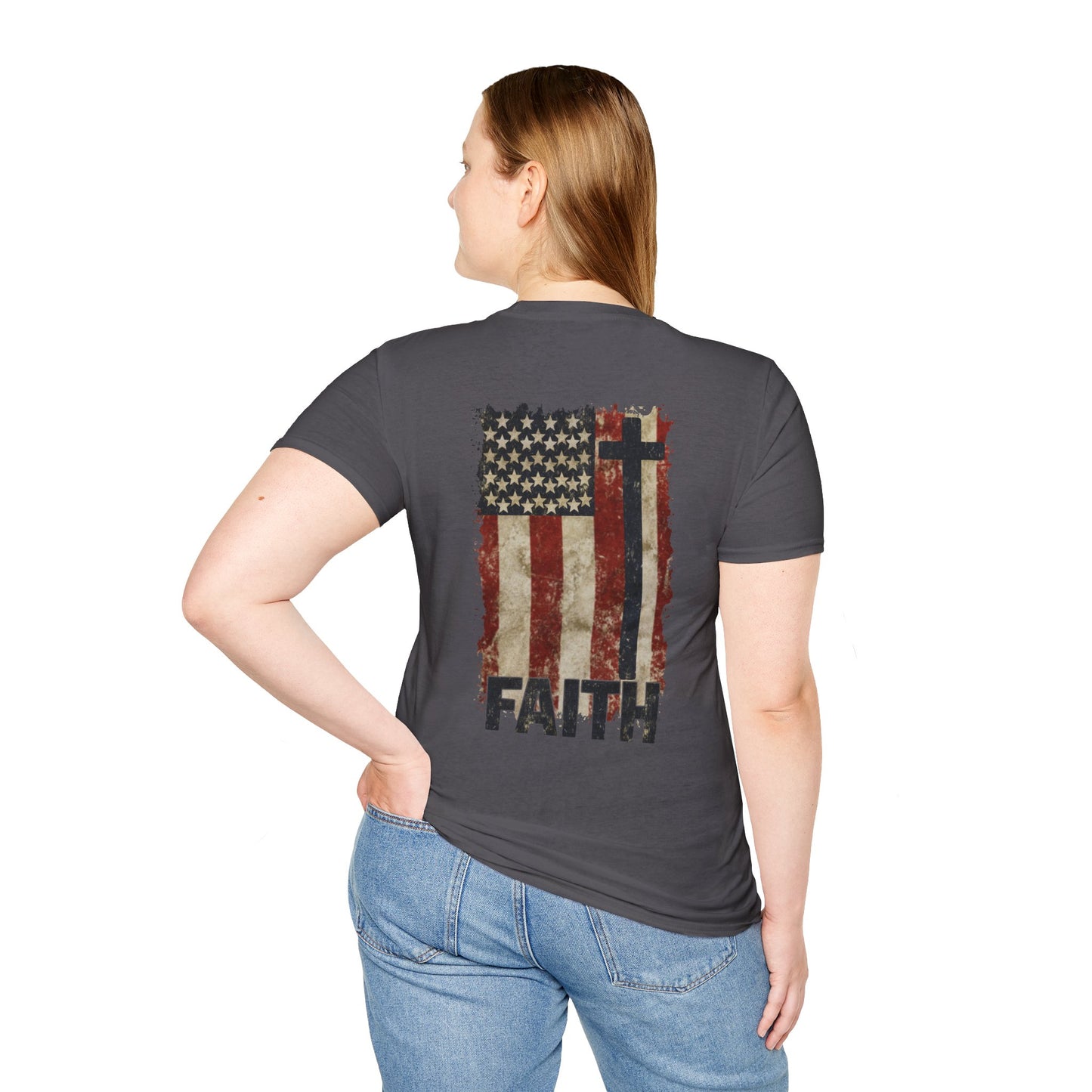 Faith-Inspired Unisex Softstyle T-Shirt, Vintage American Flag Tee, Inspirational Faith Shirt, Christian Apparel, Gifts for Believers