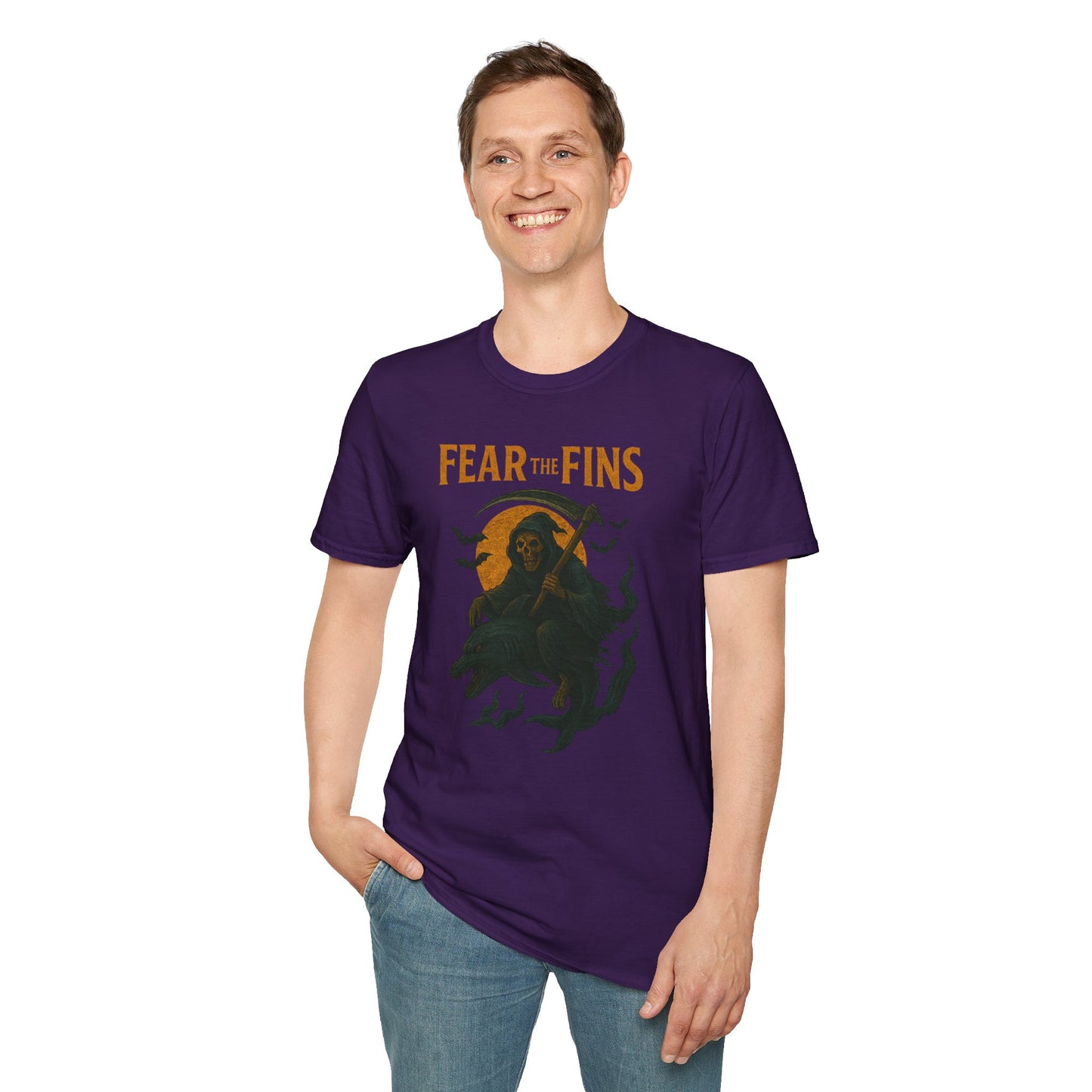Miami Dolphins Halloween Unisex T-Shirt - Fear the Fins - Gifts for Ocean Lovers, Spooky Occasions, Casual Wear, Beach Parties, Horror Tee