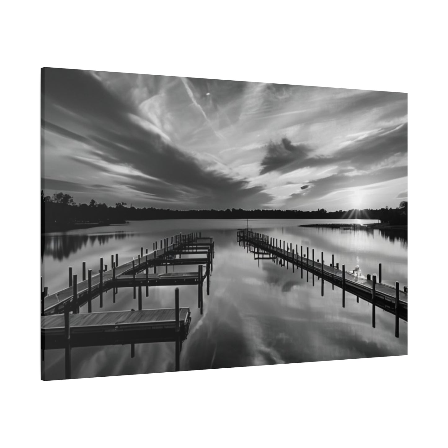 Serene Black and White Landscape Canvas Wall Art. Experience the calming vibe of overlooking the water at the end of the day.