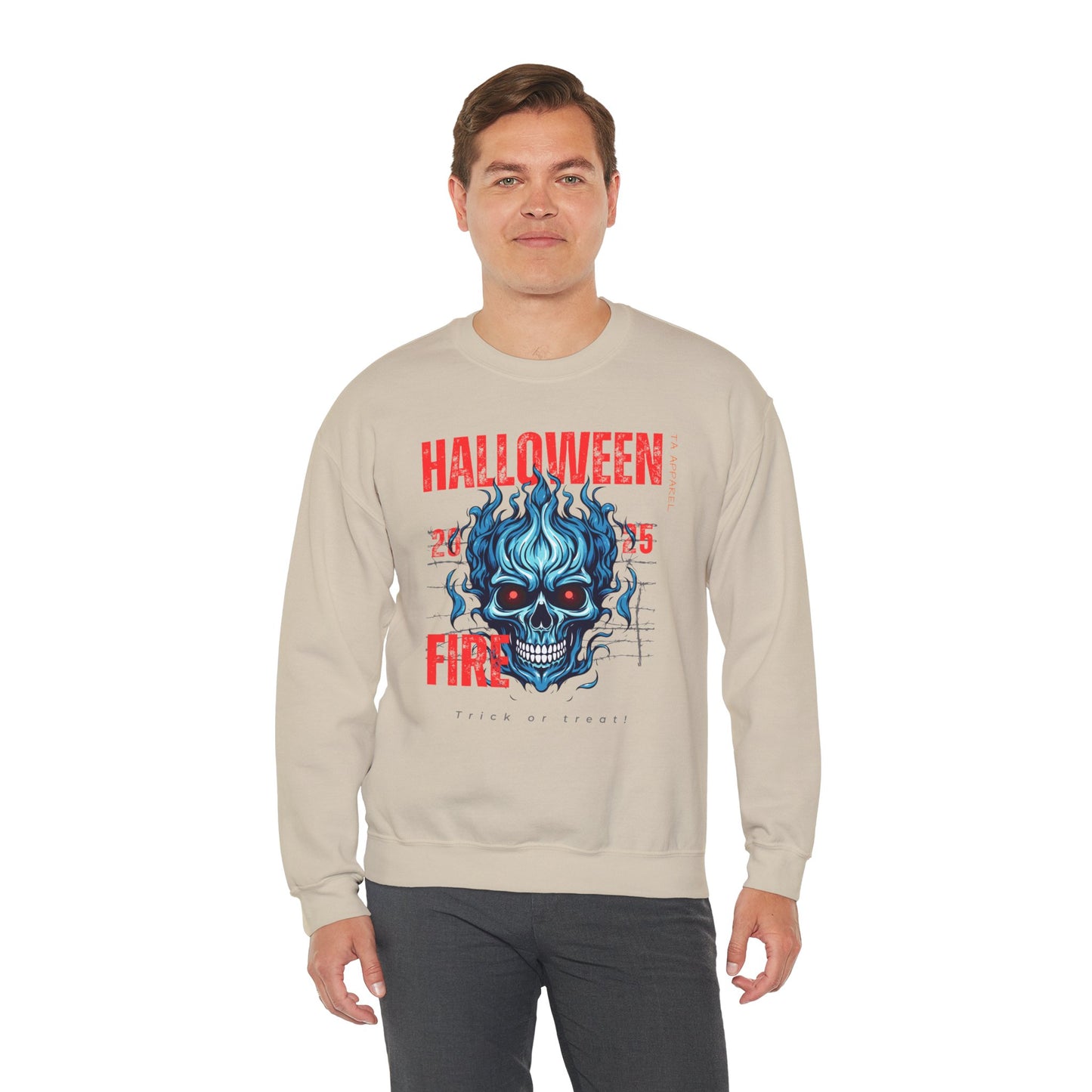 Halloween Fire Skull Sweatshirt, Unisex Crewneck for Fall, Spooky Season Apparel, Gift for Halloween Lovers, Cozy Awareness Top