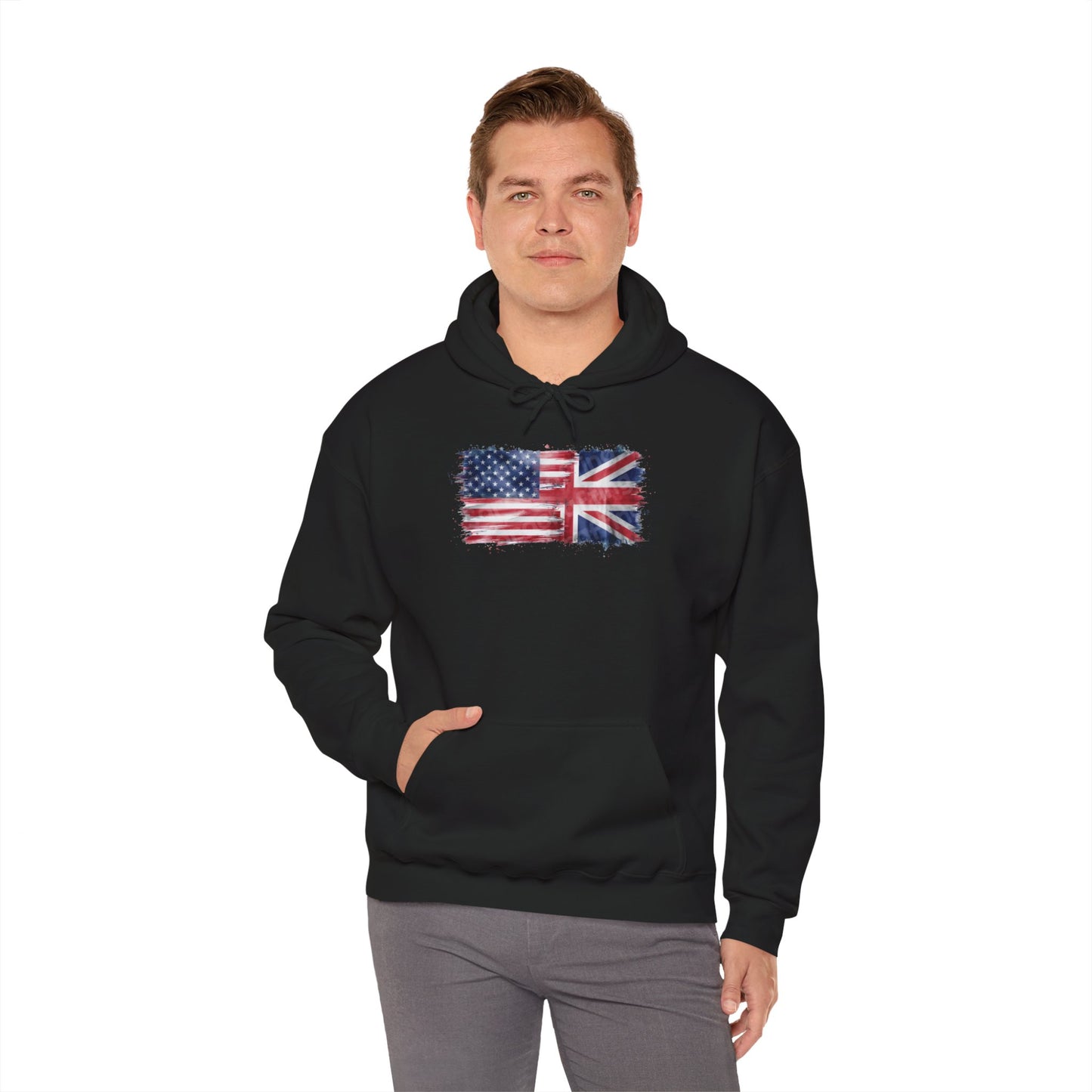Patriotic Hooded Sweatshirt | Unisex Heavy Blend™ | USA & UK Flag Design | Cozy Gift for Holidays, Reunions, or Casual Wear