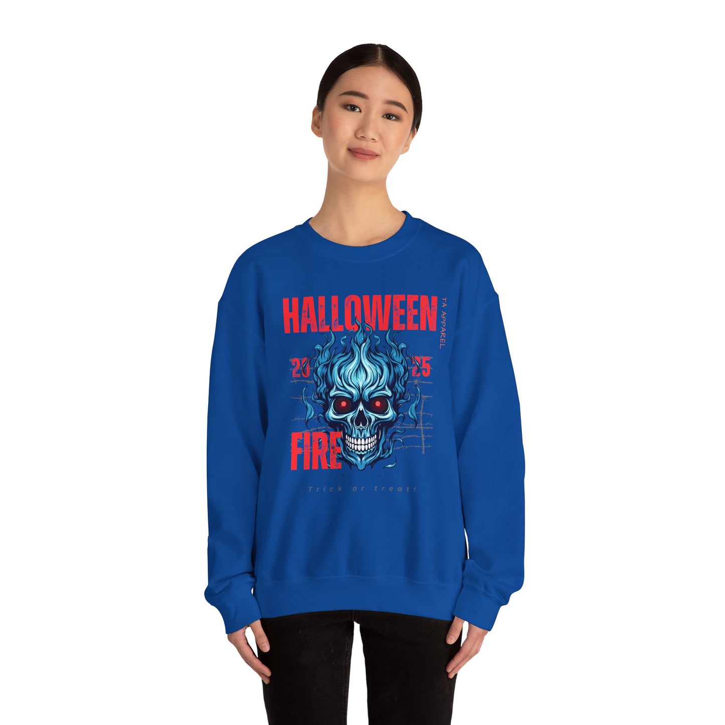 Halloween Fire Skull Sweatshirt, Unisex Crewneck for Fall, Spooky Season Apparel, Gift for Halloween Lovers, Cozy Awareness Top