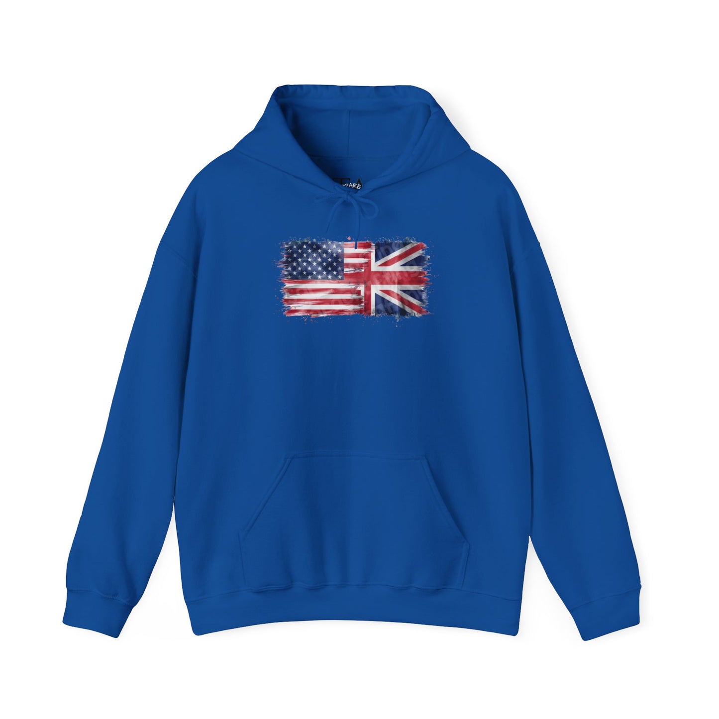 Patriotic Hooded Sweatshirt | Unisex Heavy Blend™ | USA & UK Flag Design | Cozy Gift for Holidays, Reunions, or Casual Wear