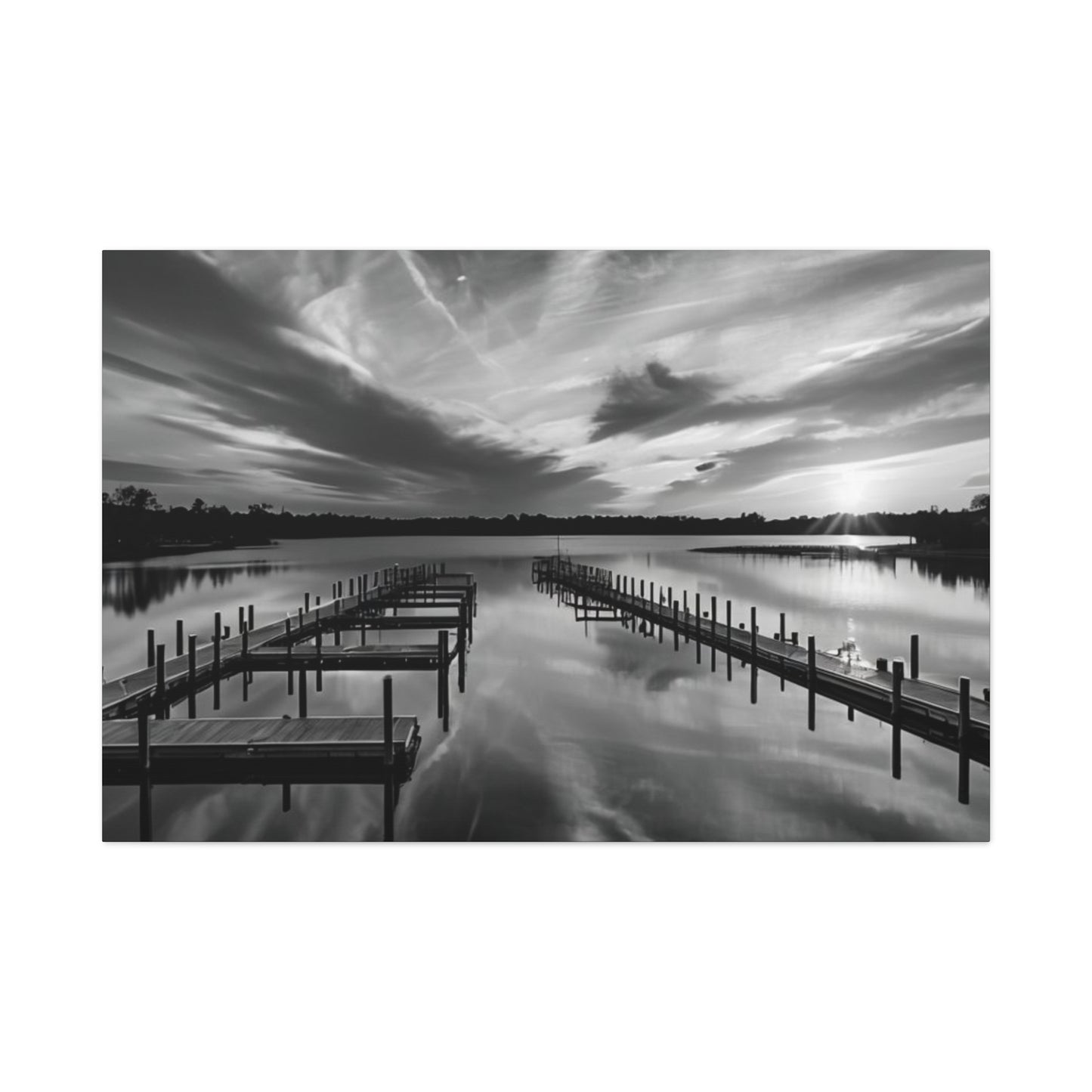 Serene Black and White Landscape Canvas Wall Art. Experience the calming vibe of overlooking the water at the end of the day.