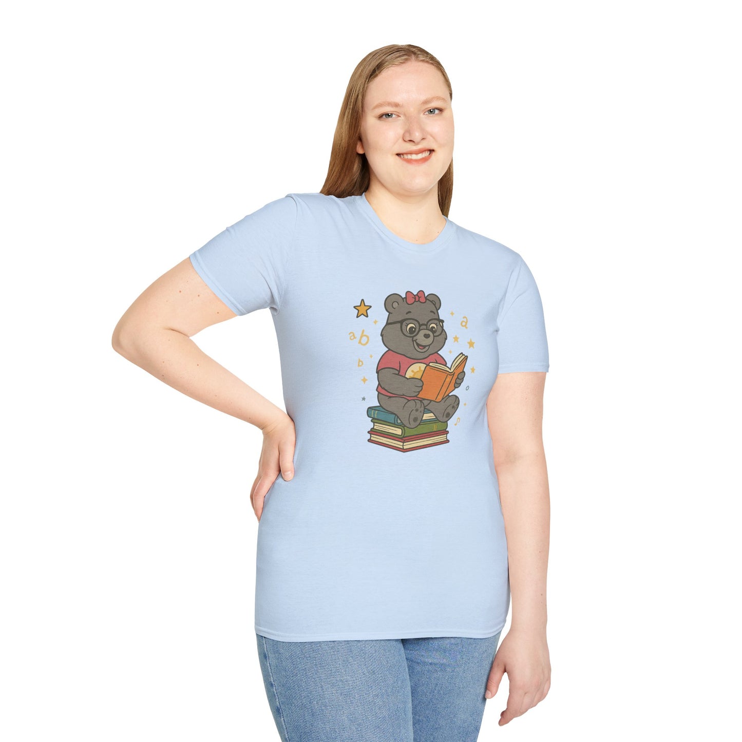 Carebear Jr Book Design Unisex Softstyle T-Shirt, Kids Graphic Tee, Children Reading Shirt, Cute Bear Illustration Top, Retro Style Apparel