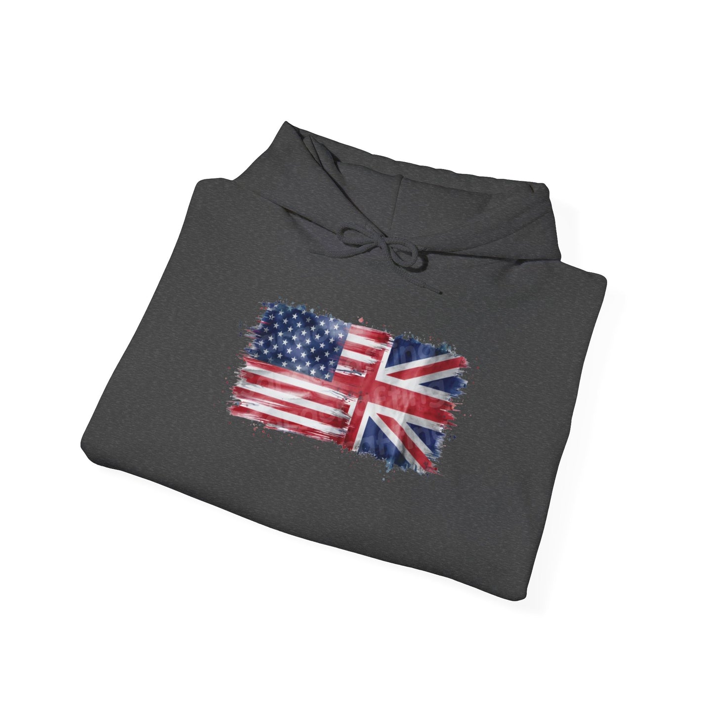 Patriotic Hooded Sweatshirt | Unisex Heavy Blend™ | USA & UK Flag Design | Cozy Gift for Holidays, Reunions, or Casual Wear