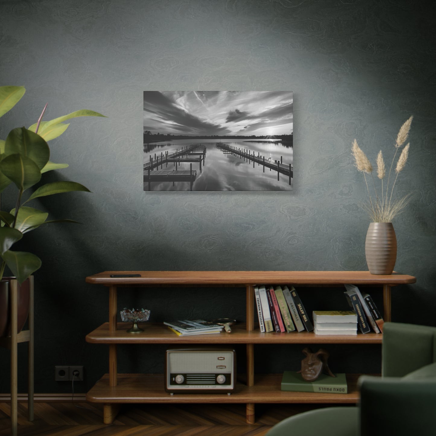 Serene Black and White Landscape Canvas Wall Art. Experience the calming vibe of overlooking the water at the end of the day.