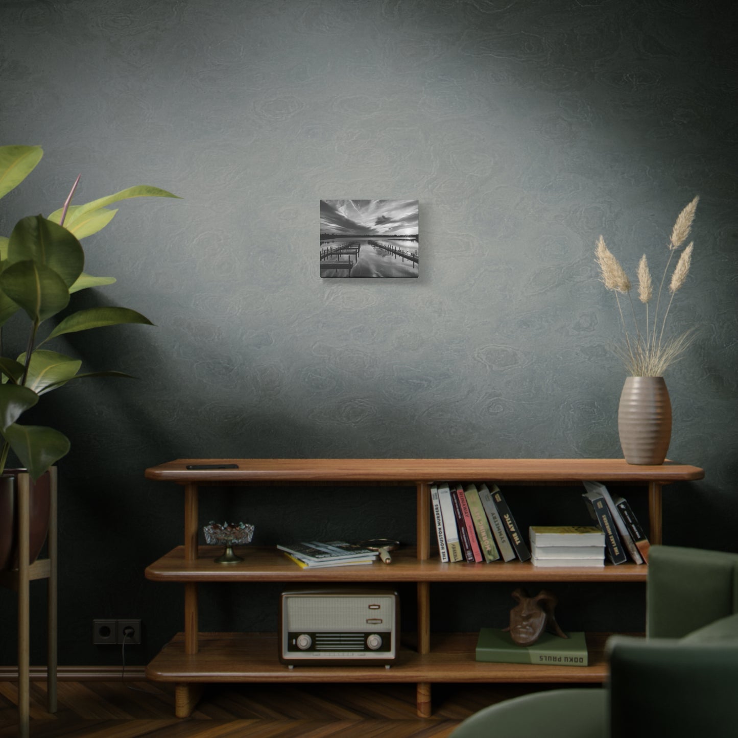 Serene Black and White Landscape Canvas Wall Art. Experience the calming vibe of overlooking the water at the end of the day.