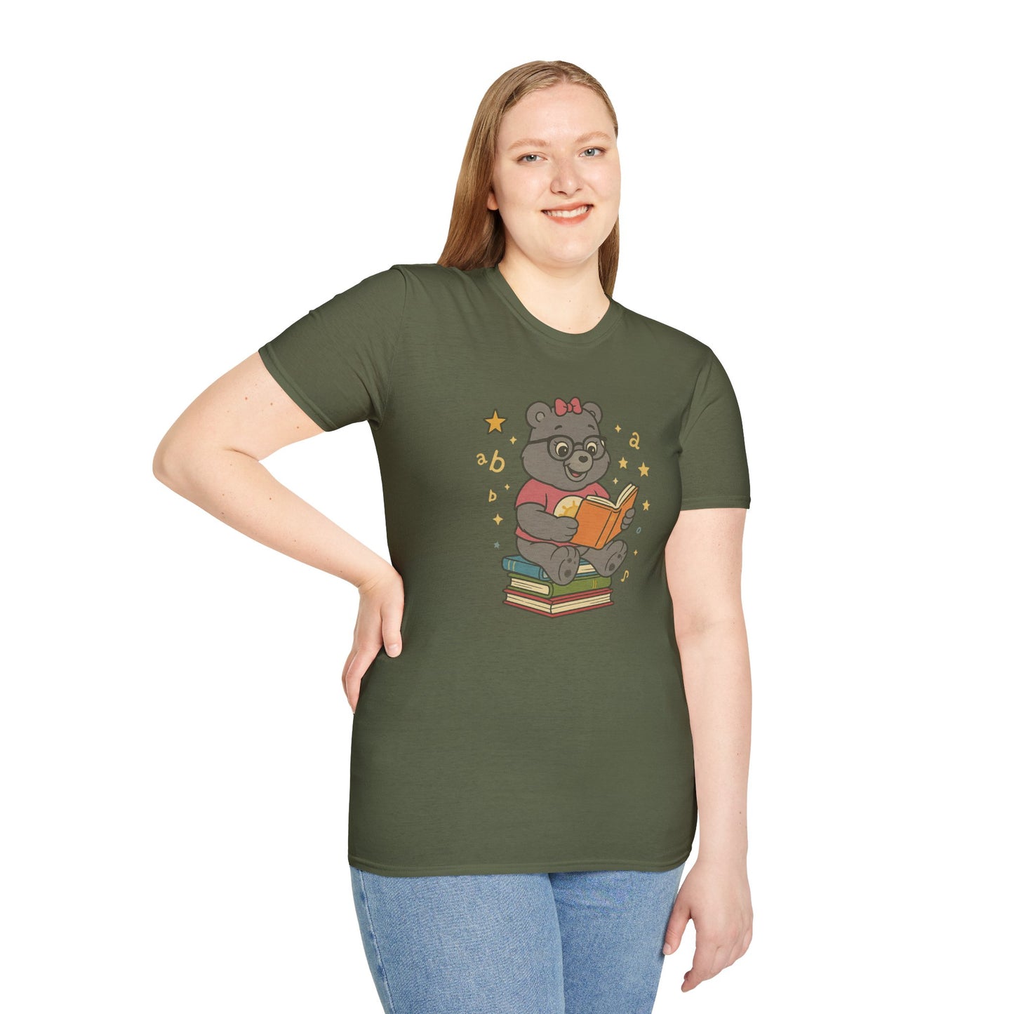 Carebear Jr Book Design Unisex Softstyle T-Shirt, Kids Graphic Tee, Children Reading Shirt, Cute Bear Illustration Top, Retro Style Apparel
