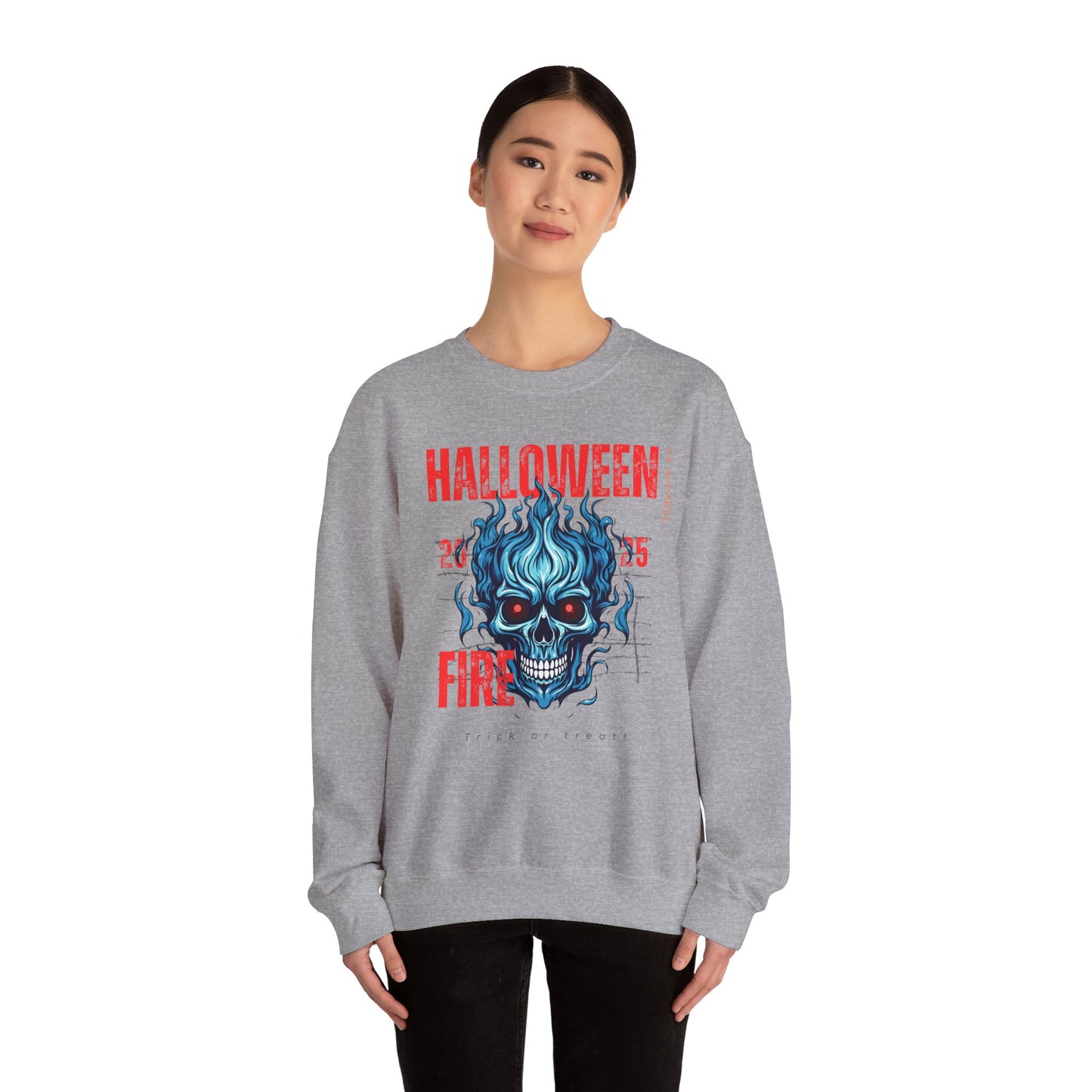 Halloween Fire Skull Sweatshirt, Unisex Crewneck for Fall, Spooky Season Apparel, Gift for Halloween Lovers, Cozy Awareness Top