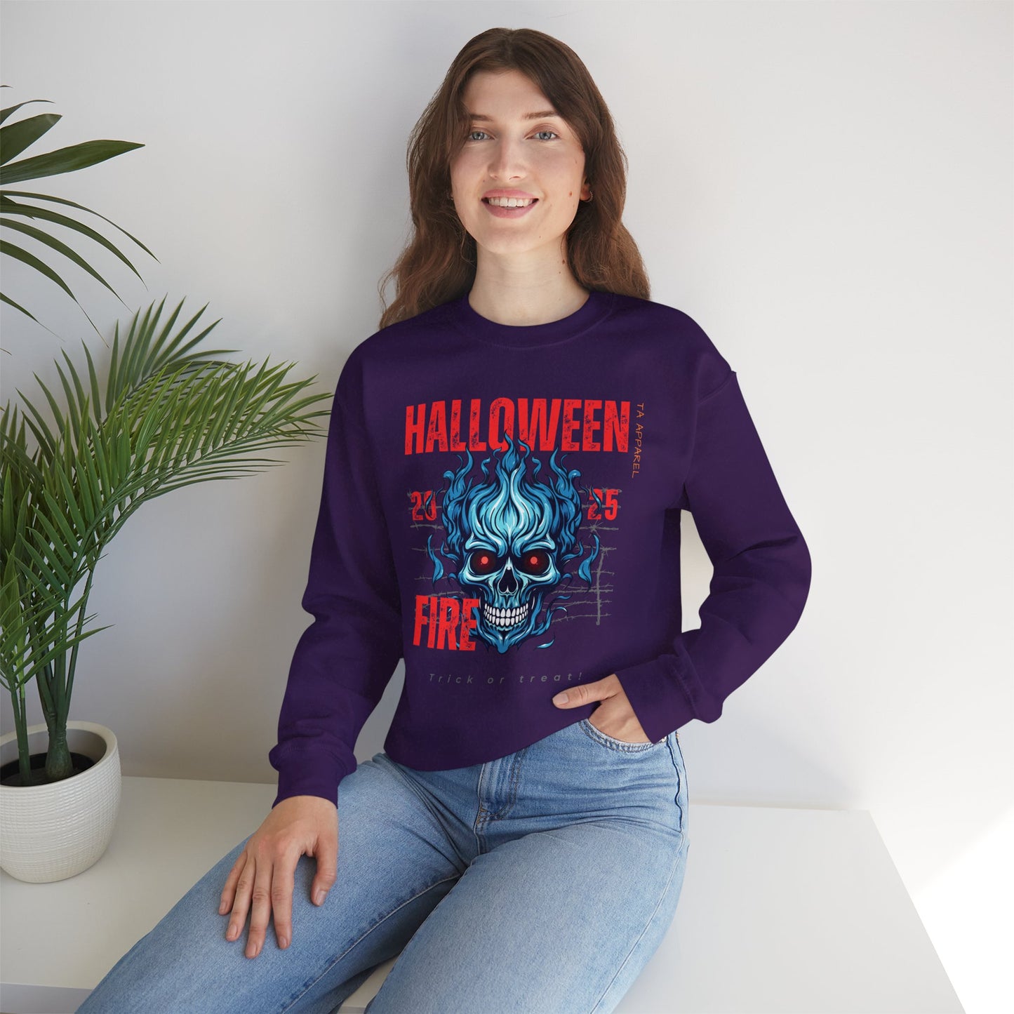 Halloween Fire Skull Sweatshirt, Unisex Crewneck for Fall, Spooky Season Apparel, Gift for Halloween Lovers, Cozy Awareness Top