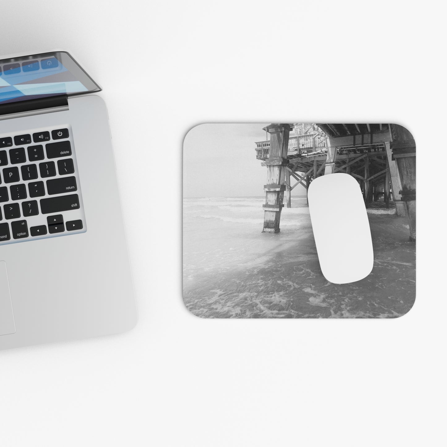 Rectangle Serene Beach Pier Mouse Pad, Coastal Home Office Decor, Gift for Work From Home, Beach Lover's Accessory, Modern Office Supply, Black and White