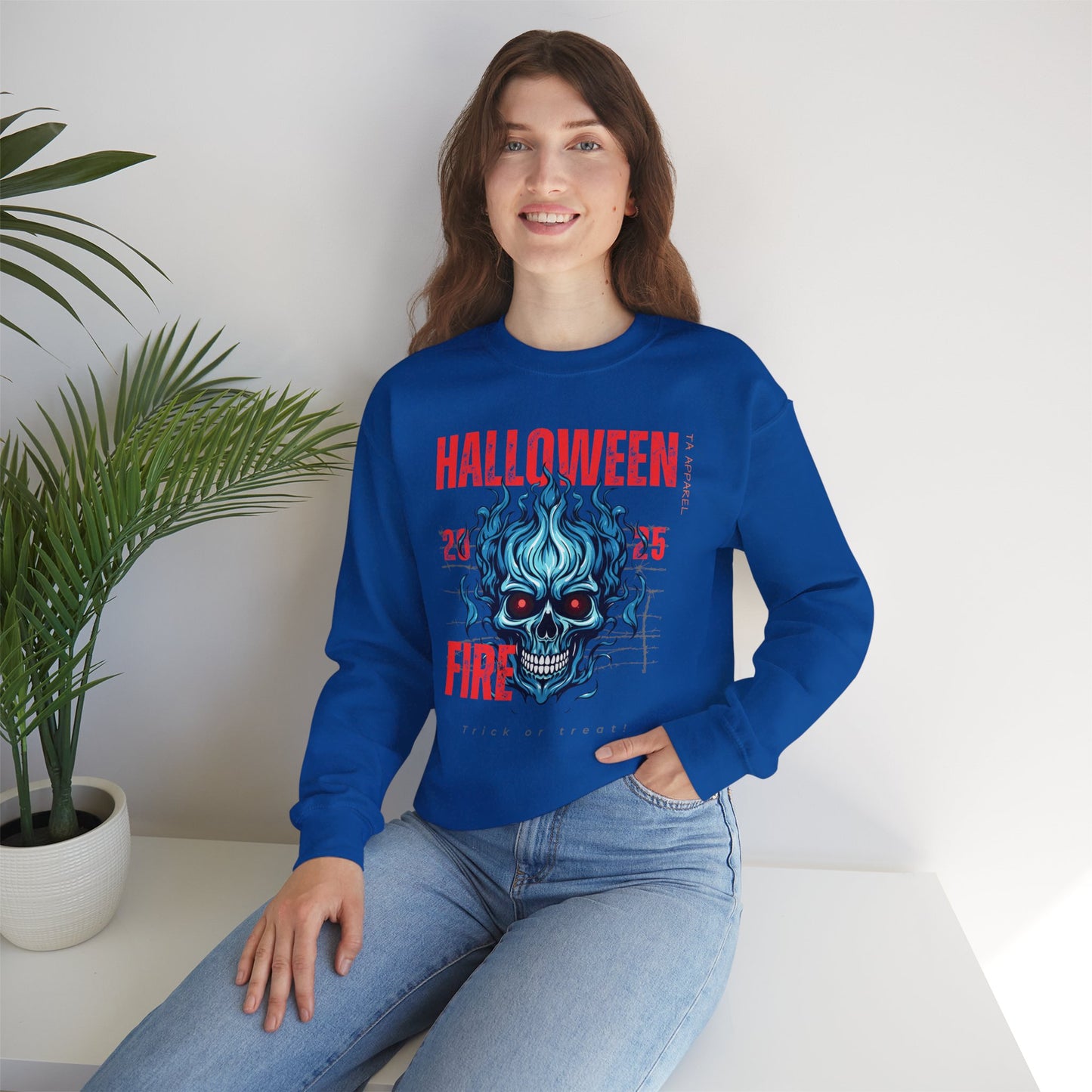 Halloween Fire Skull Sweatshirt, Unisex Crewneck for Fall, Spooky Season Apparel, Gift for Halloween Lovers, Cozy Awareness Top