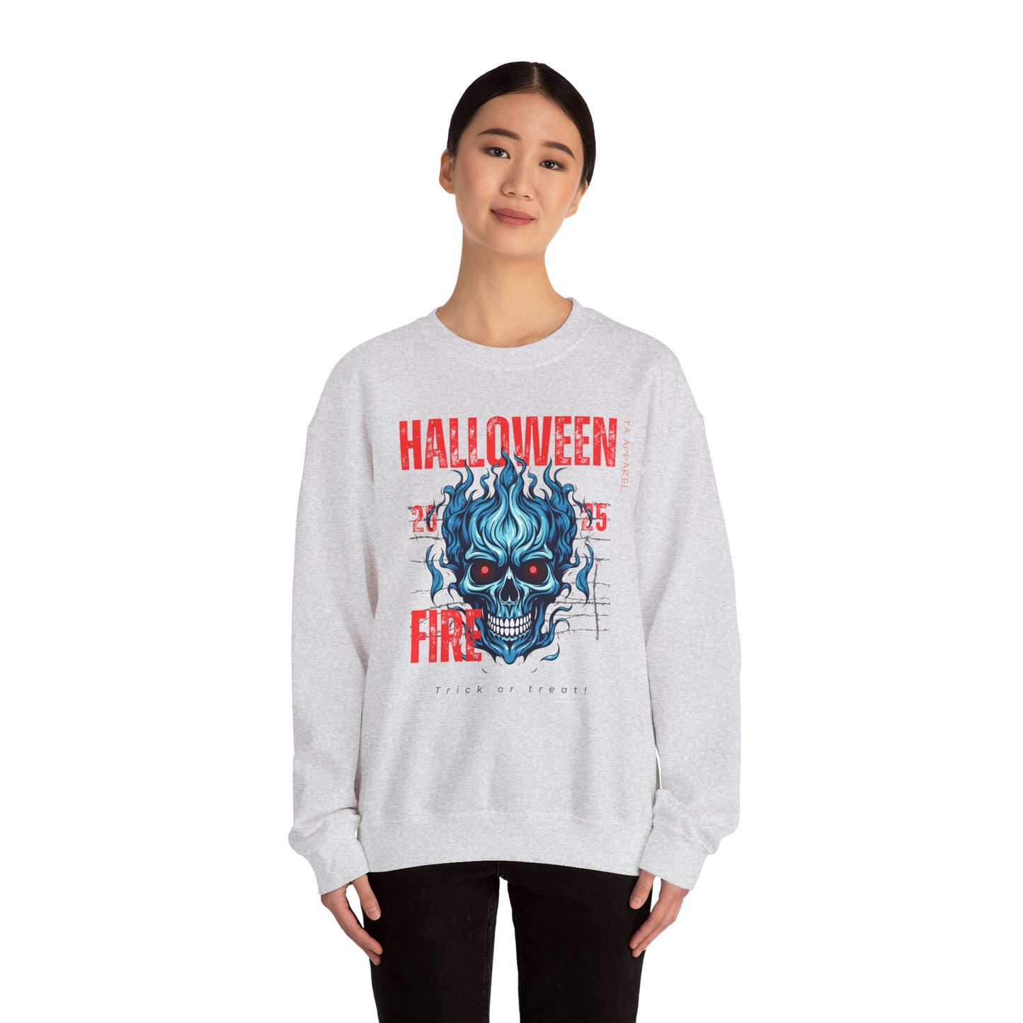 Halloween Fire Skull Sweatshirt, Unisex Crewneck for Fall, Spooky Season Apparel, Gift for Halloween Lovers, Cozy Awareness Top