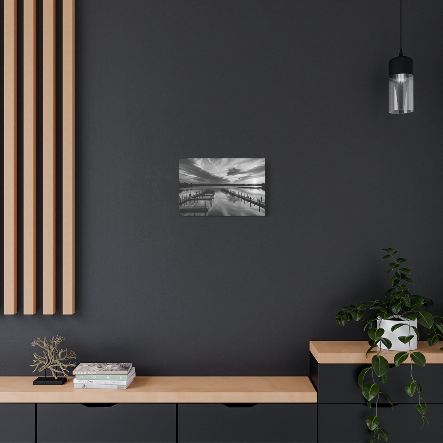 Serene Black and White Landscape Canvas Wall Art. Experience the calming vibe of overlooking the water at the end of the day.