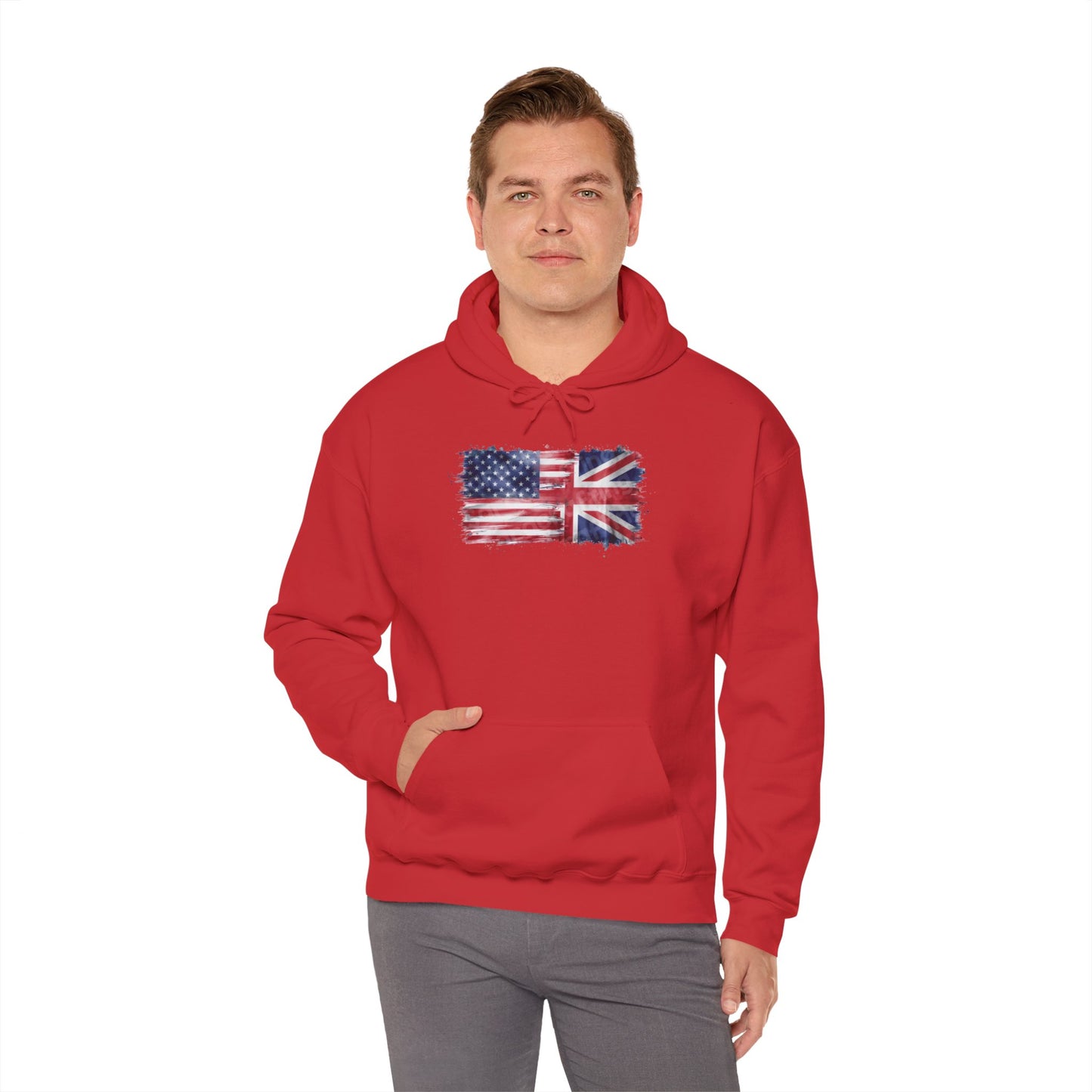 Patriotic Hooded Sweatshirt | Unisex Heavy Blend™ | USA & UK Flag Design | Cozy Gift for Holidays, Reunions, or Casual Wear