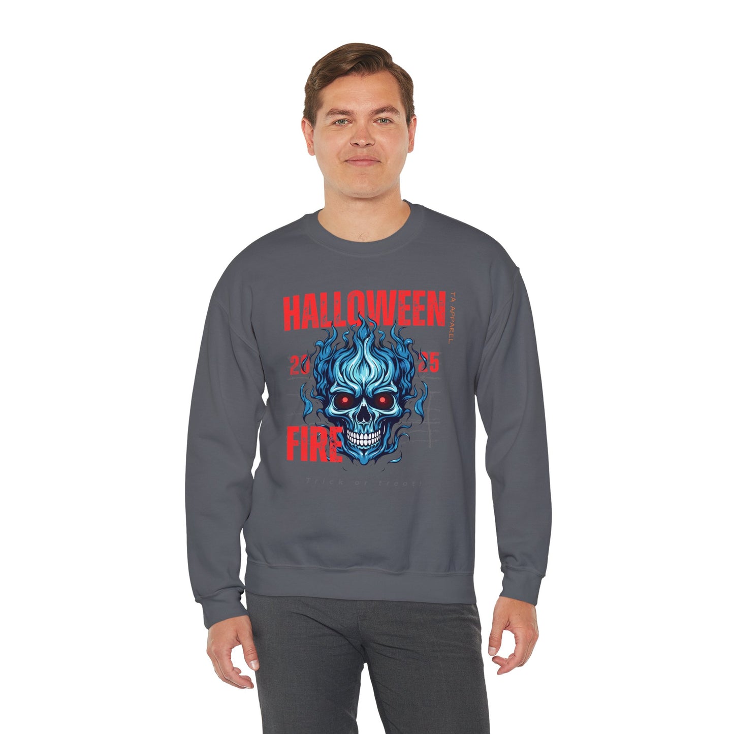 Halloween Fire Skull Sweatshirt, Unisex Crewneck for Fall, Spooky Season Apparel, Gift for Halloween Lovers, Cozy Awareness Top