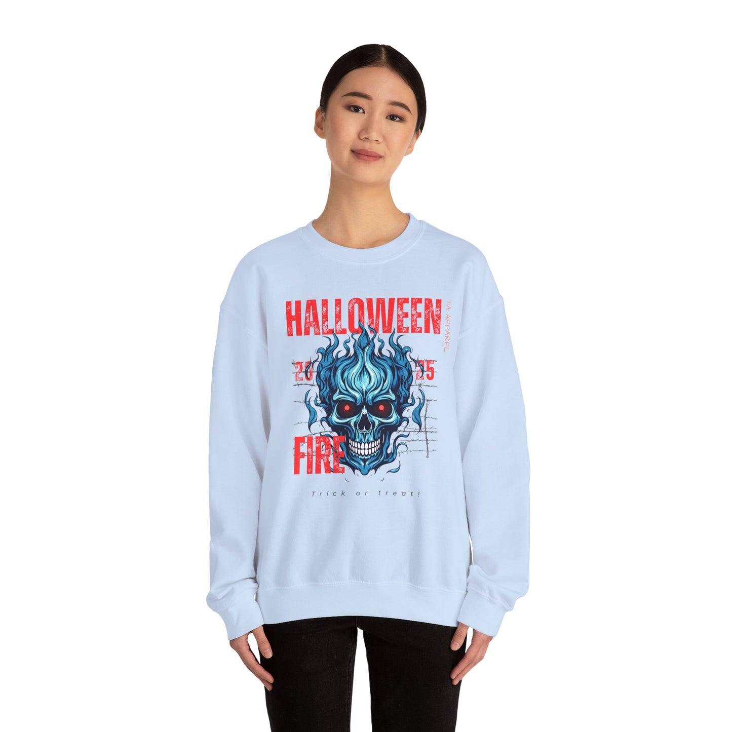 Halloween Fire Skull Sweatshirt, Unisex Crewneck for Fall, Spooky Season Apparel, Gift for Halloween Lovers, Cozy Awareness Top