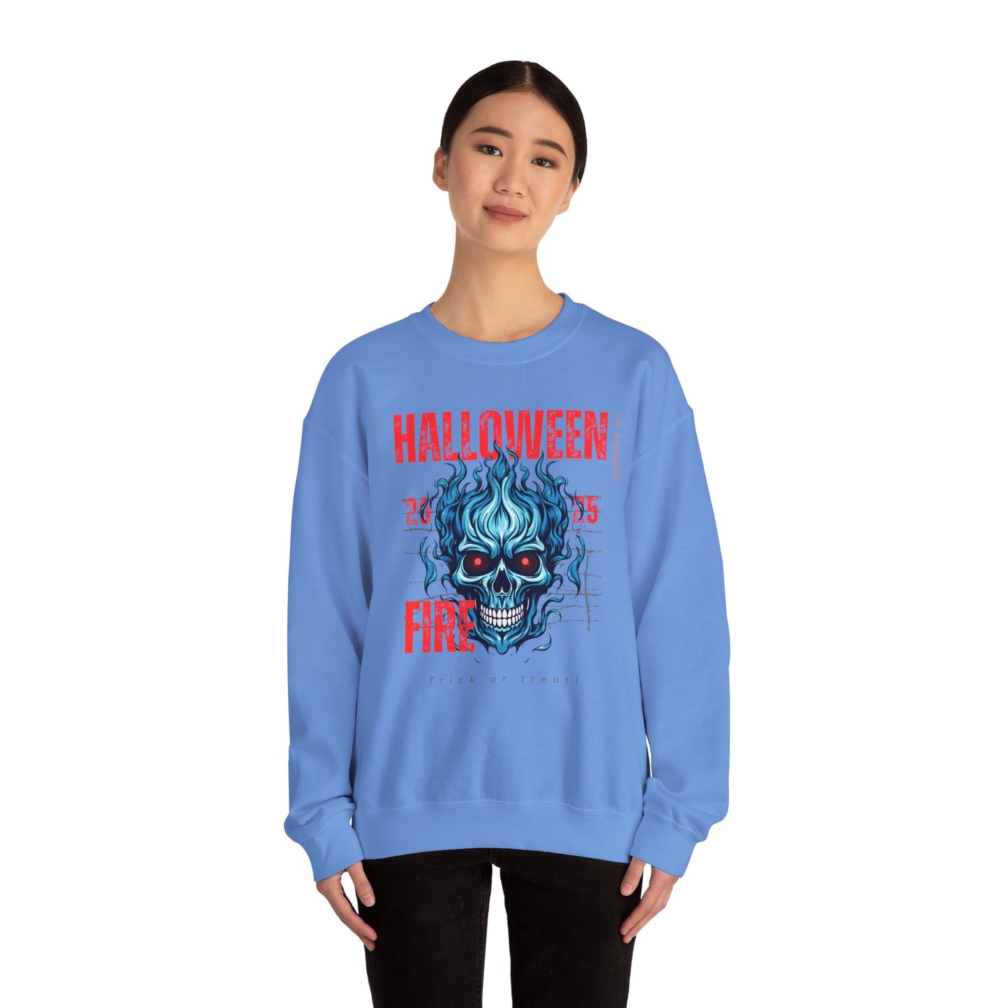 Halloween Fire Skull Sweatshirt, Unisex Crewneck for Fall, Spooky Season Apparel, Gift for Halloween Lovers, Cozy Awareness Top