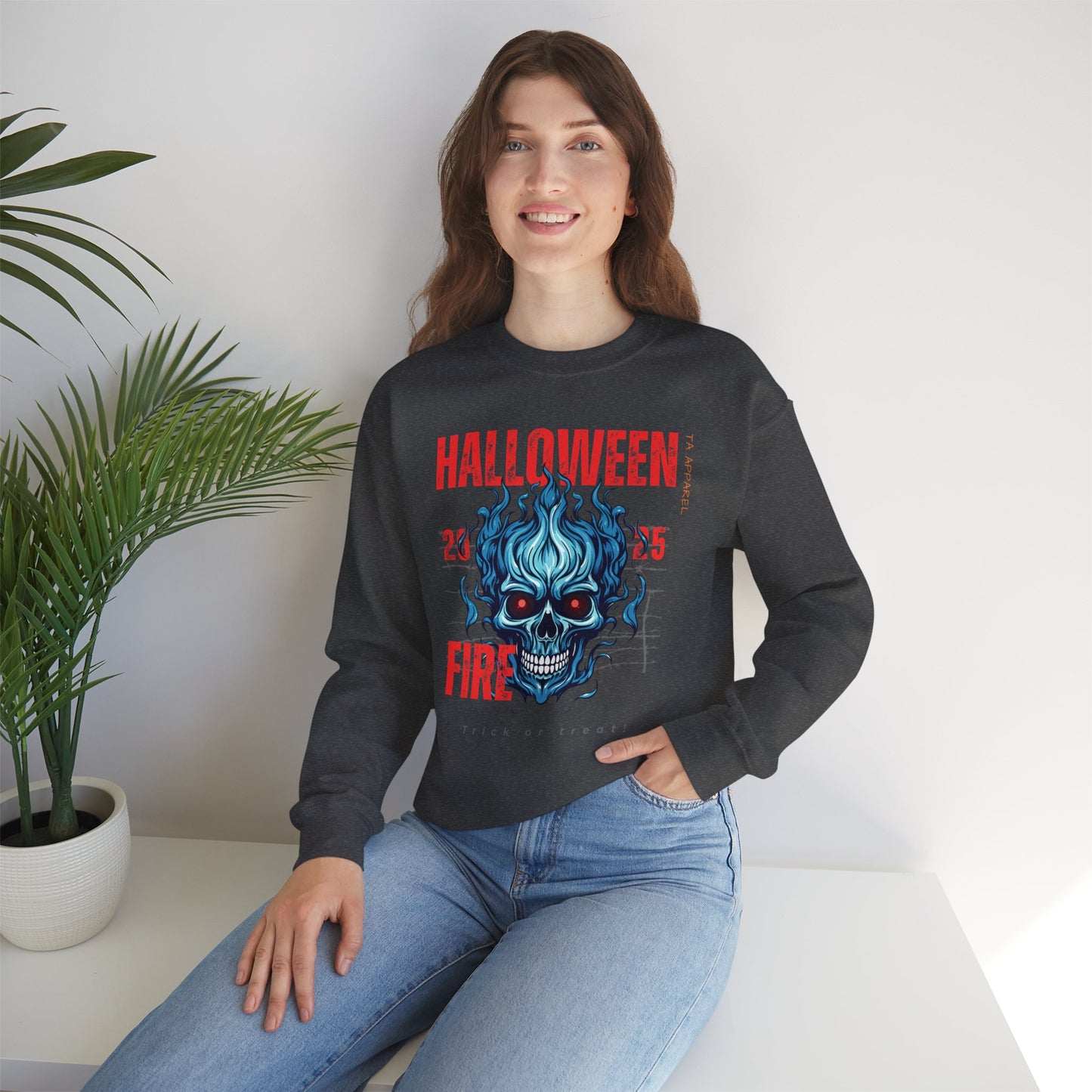 Halloween Fire Skull Sweatshirt, Unisex Crewneck for Fall, Spooky Season Apparel, Gift for Halloween Lovers, Cozy Awareness Top