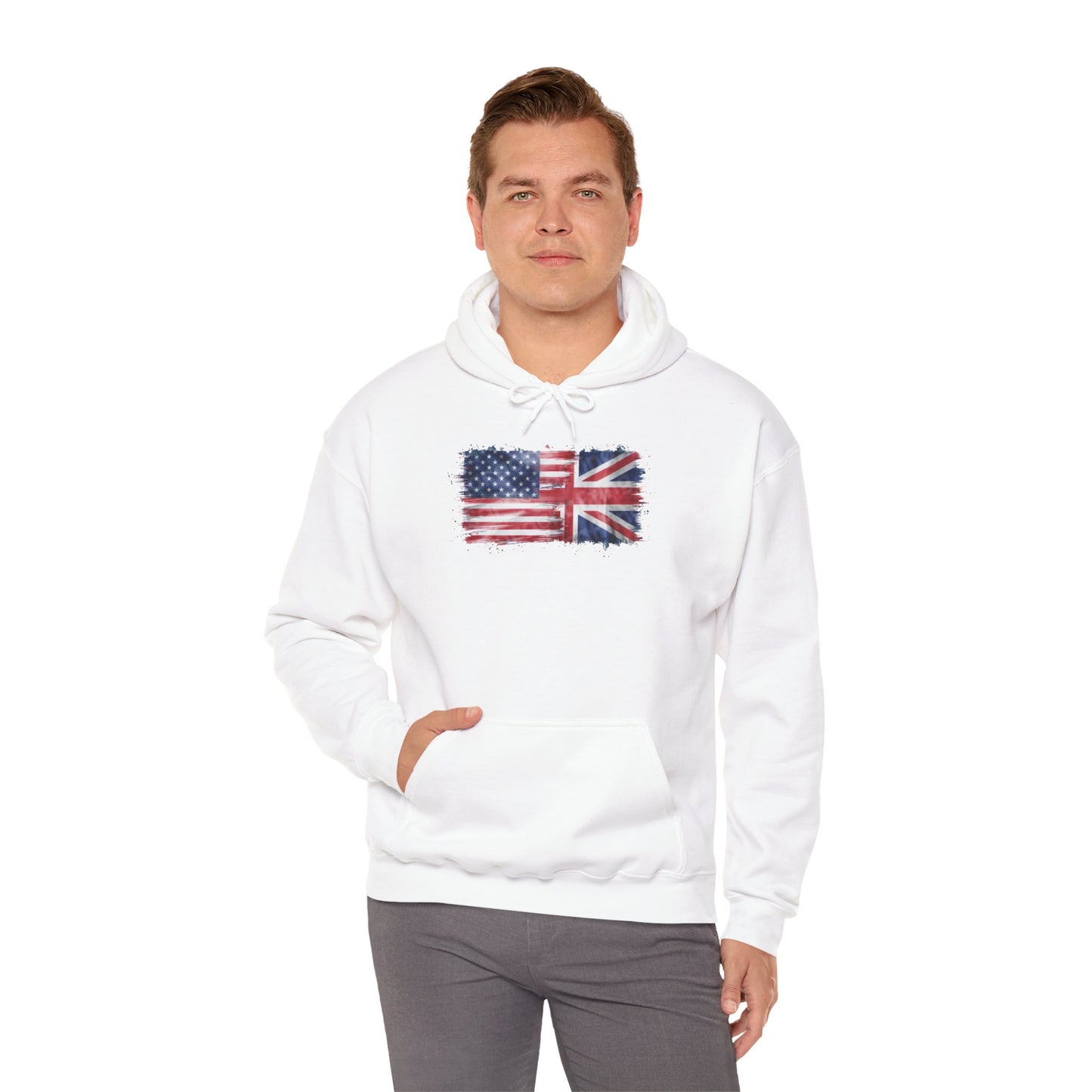 Patriotic Hooded Sweatshirt | Unisex Heavy Blend™ | USA & UK Flag Design | Cozy Gift for Holidays, Reunions, or Casual Wear