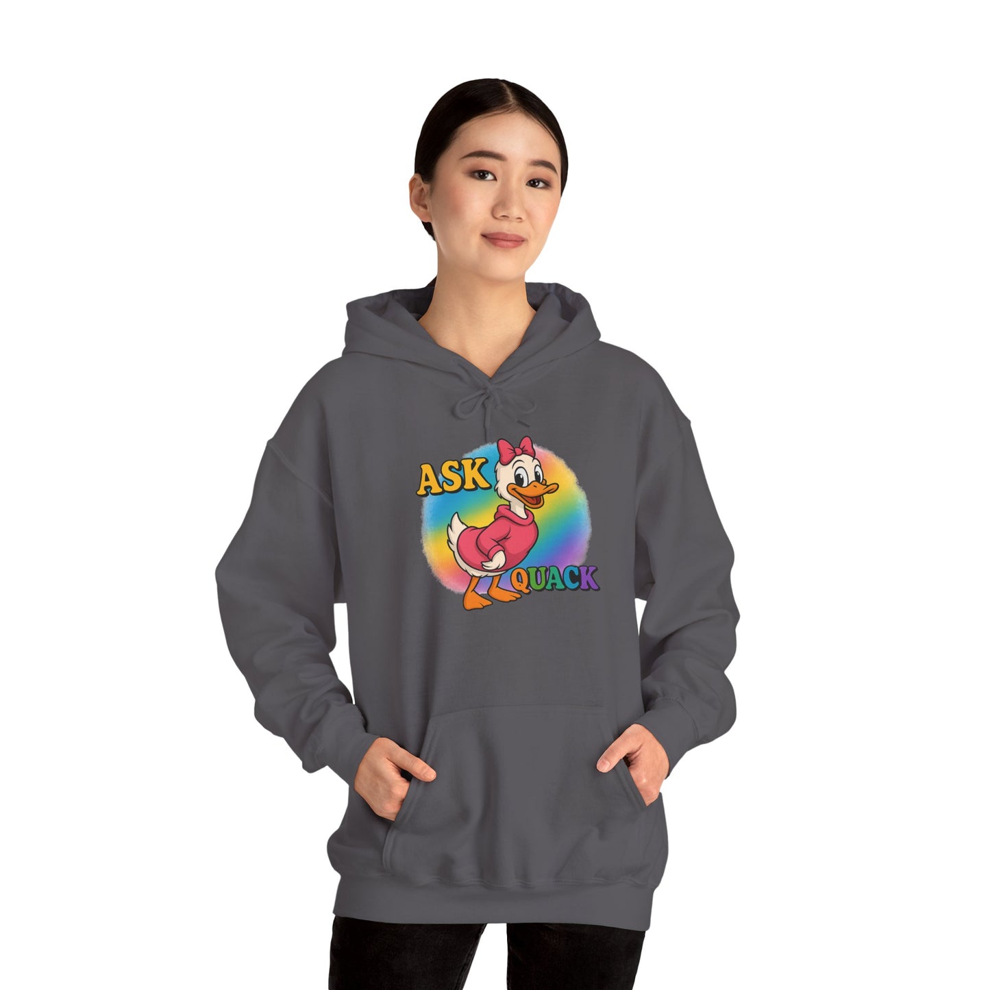 Askquack Female Duck Unisex Hoodie, Quirky Duck Design Sweatshirt, Novelty Animal Jumper, Humorous Duck Apparel, Unique Hooded Top