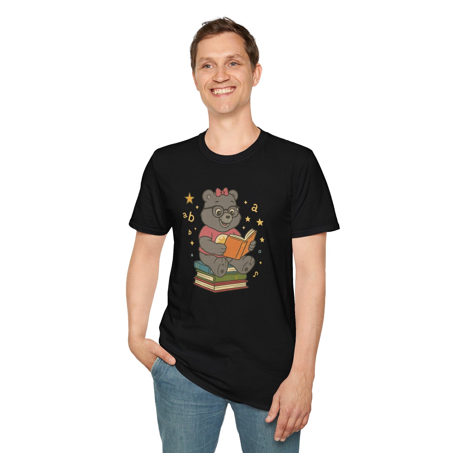Carebear Jr Book Design Unisex Softstyle T-Shirt, Kids Graphic Tee, Children Reading Shirt, Cute Bear Illustration Top, Retro Style Apparel