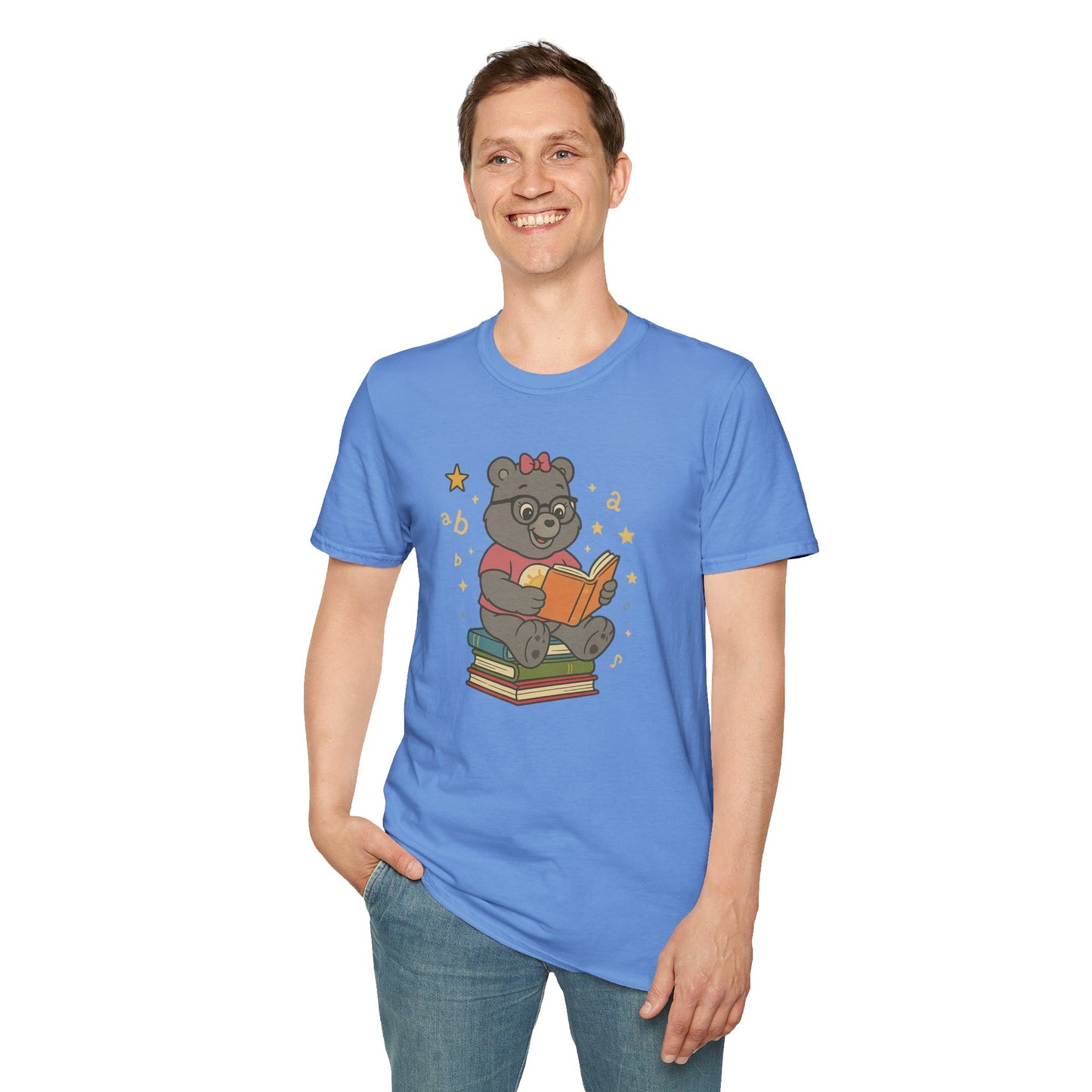 Carebear Jr Book Design Unisex Softstyle T-Shirt, Kids Graphic Tee, Children Reading Shirt, Cute Bear Illustration Top, Retro Style Apparel